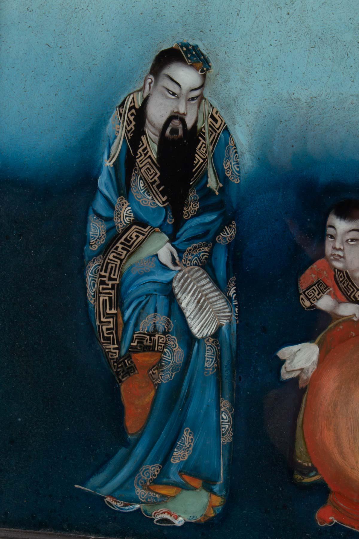 Chinoiserie Fixed Under Glass, China 19th Century, Wise and Child