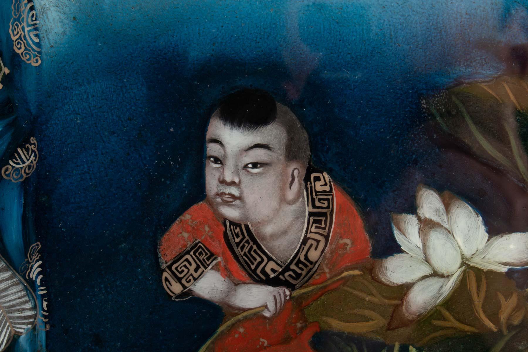 Hand-Painted Fixed Under Glass, China 19th Century, Wise and Child