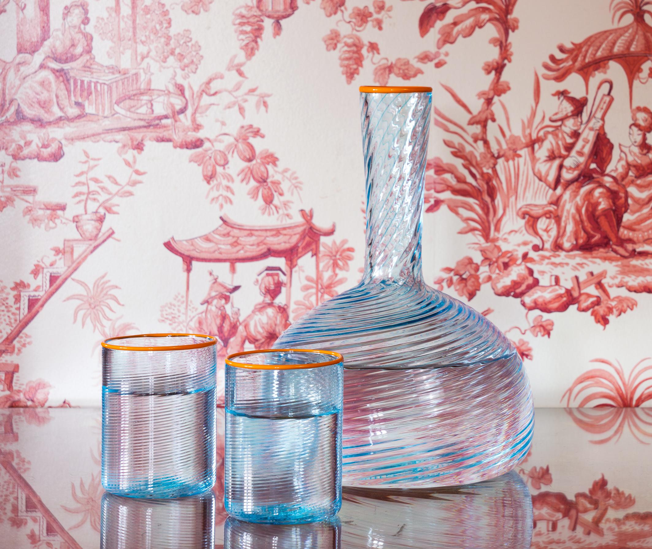 Carafe FIZZY en bleu avec bord en verre orange, par Giberto Venezia en vente 2