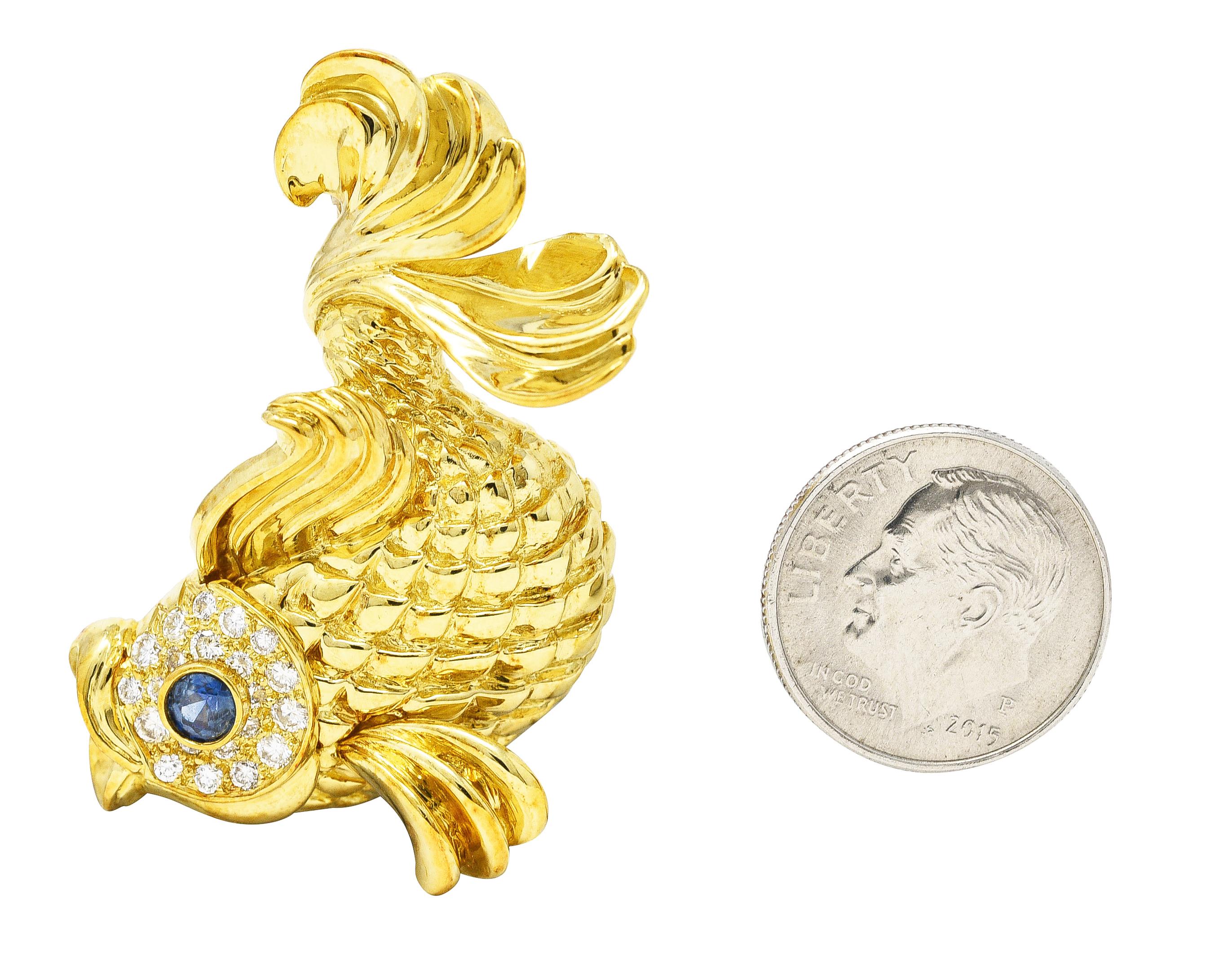 F.J. Cooper 0.82 Carat Diamond Sapphire 18 Karat Yellow Gold Koi Fish Brooch 2
