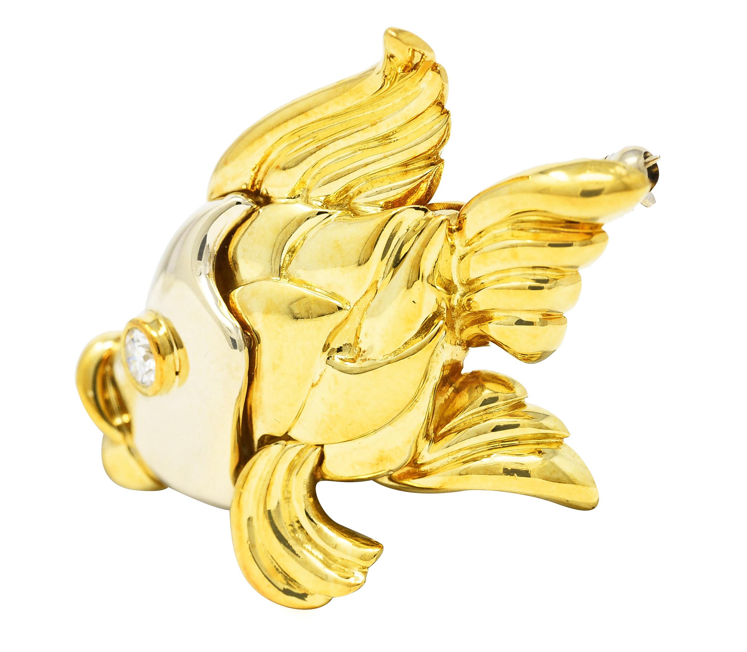 Brilliant Cut F.J. Cooper 1960's Diamond 18 Karat Two-Tone Gold Goldfish Vintage Brooch