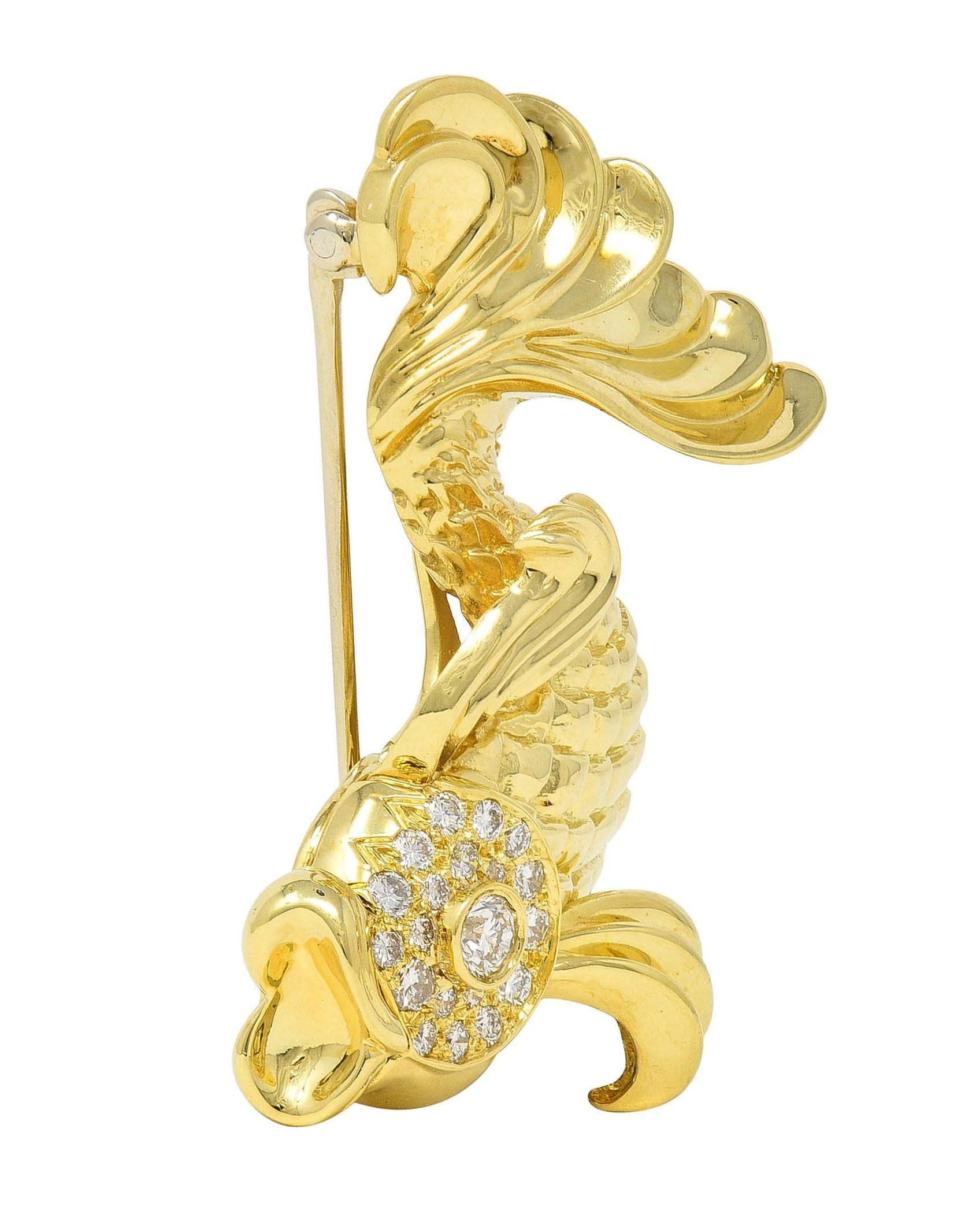 Round Cut F.J. Cooper 1960's Diamond 18 Karat Yellow Gold Koi Fish Vintage Brooch For Sale