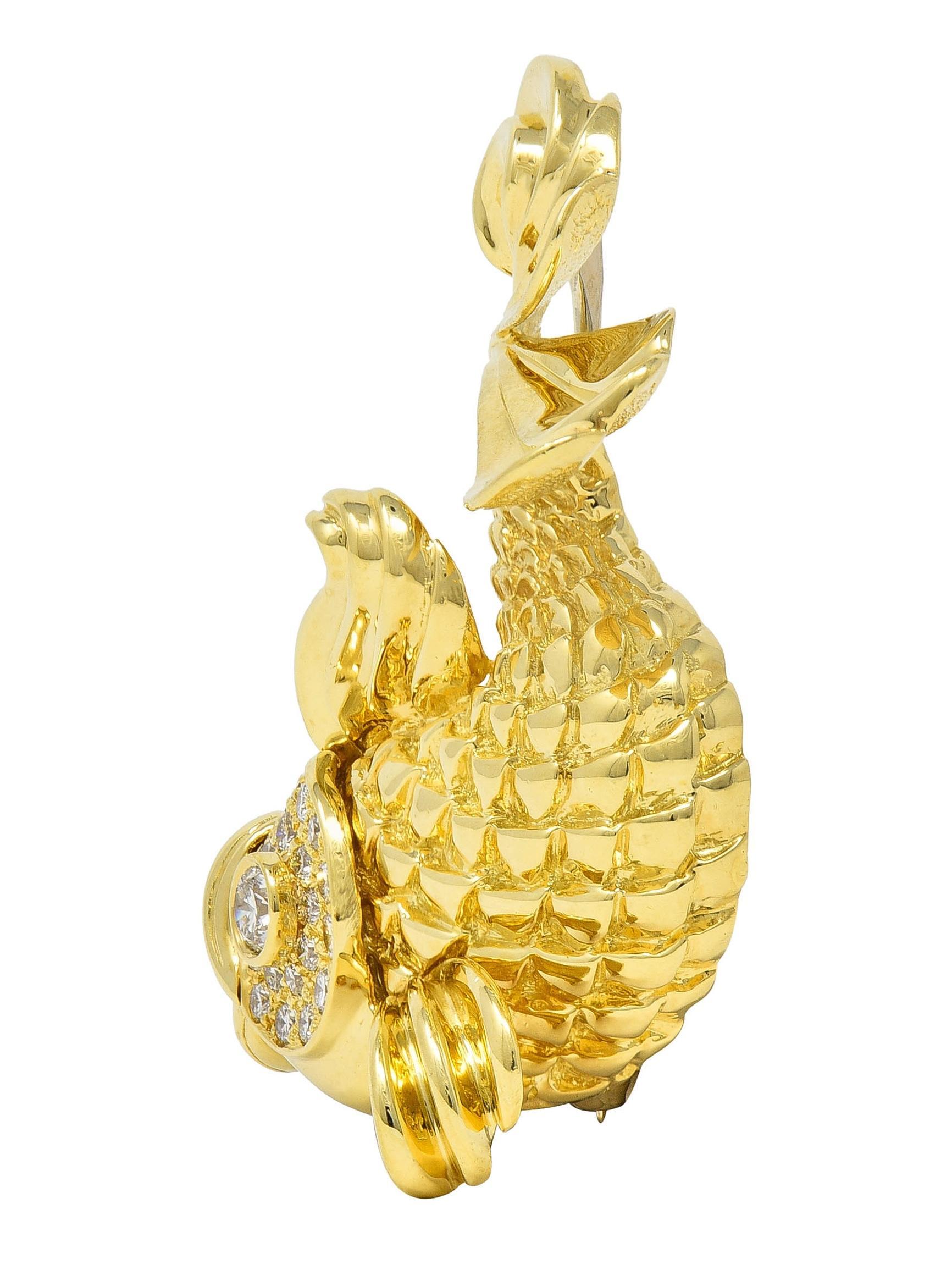 Women's or Men's F.J. Cooper 1960's Diamond 18 Karat Yellow Gold Koi Fish Vintage Brooch For Sale