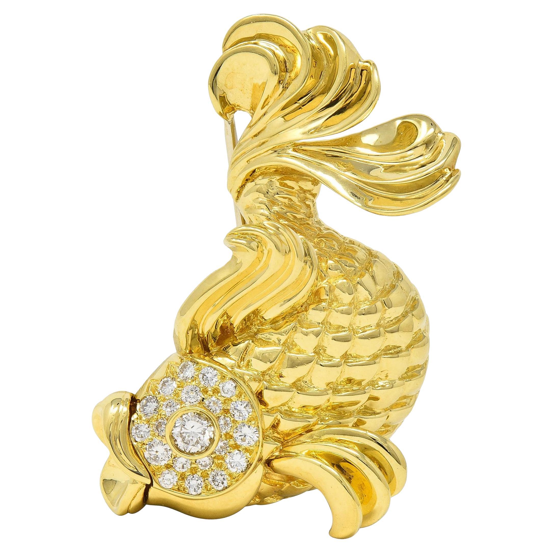 F.J. Cooper Diamante 1960 Broche Vintage Pez Koi de Oro Amarillo de 18 Kilates