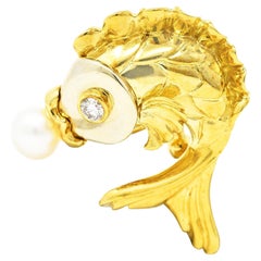 F.J. Cooper 1960's Diamond Pearl 18 Karat Two-Tone Gold Koi Fish Vintage Brooch