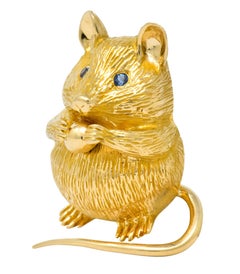 F.J. Cooper Retro Sapphire 14 Karat Gold Mouse Brooch