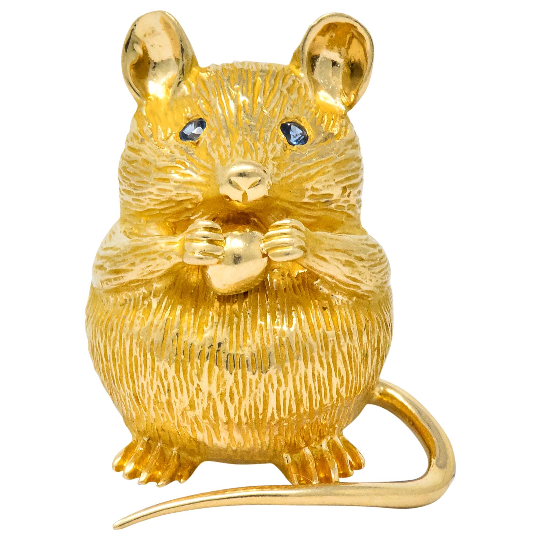 F.J. Cooper Retro Sapphire 14 Karat Gold Mouse Brooch