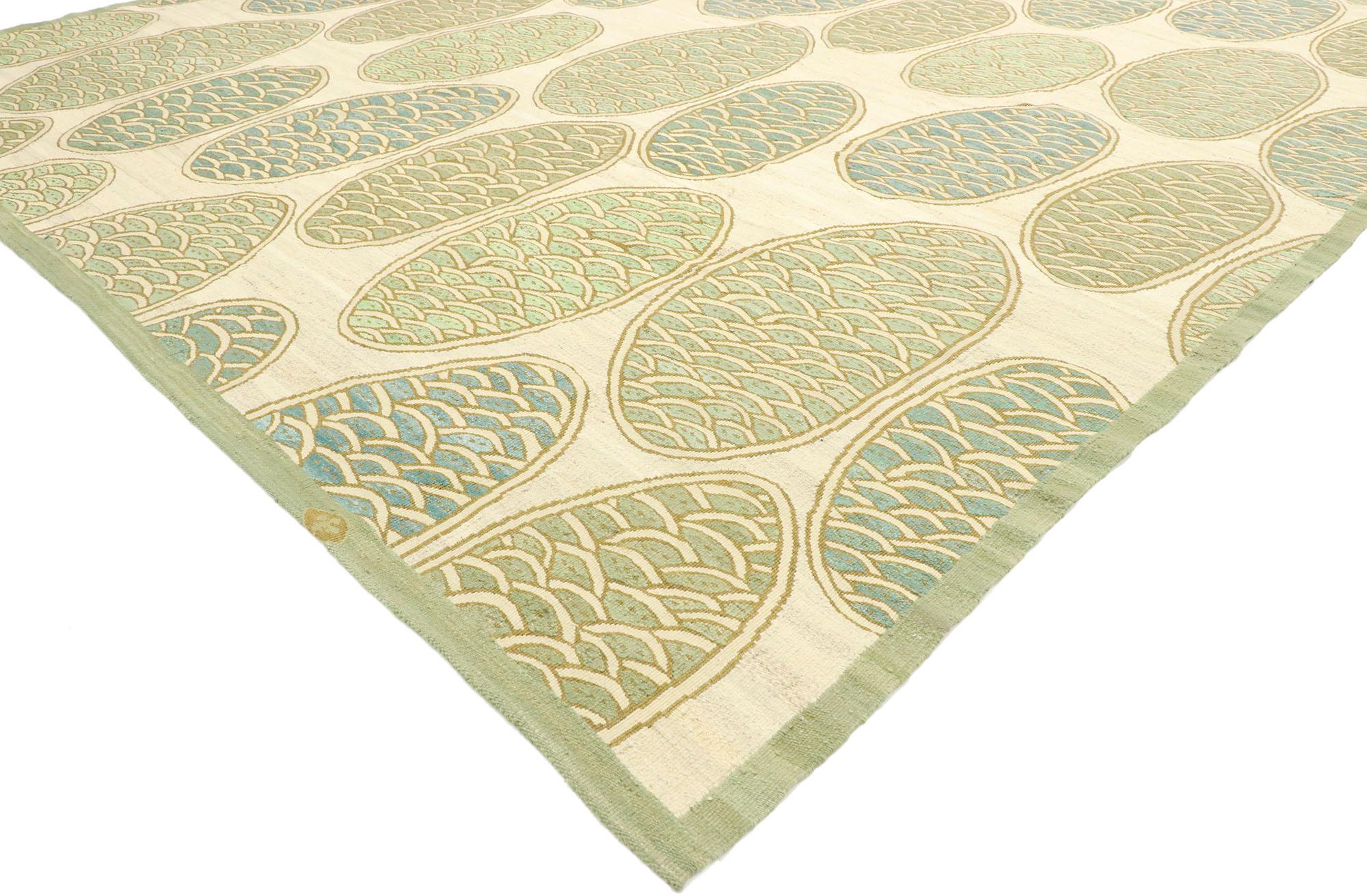 77528 Antique French Aubusson Modern Area rug with Scalloped Orb Pattern and Biophilic Design. Drawing inspiration from Robert Delaunay and Sonia Delaunay with Japanese influence, this handwoven wool antique French Aubusson rug is the perfect