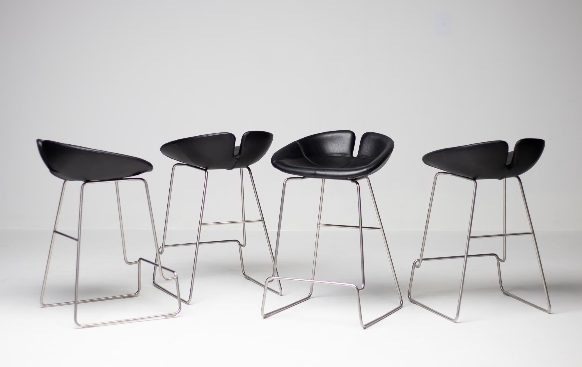 Stainless Steel Fjord Black Leather Bar Stools by Patricia Urquiola