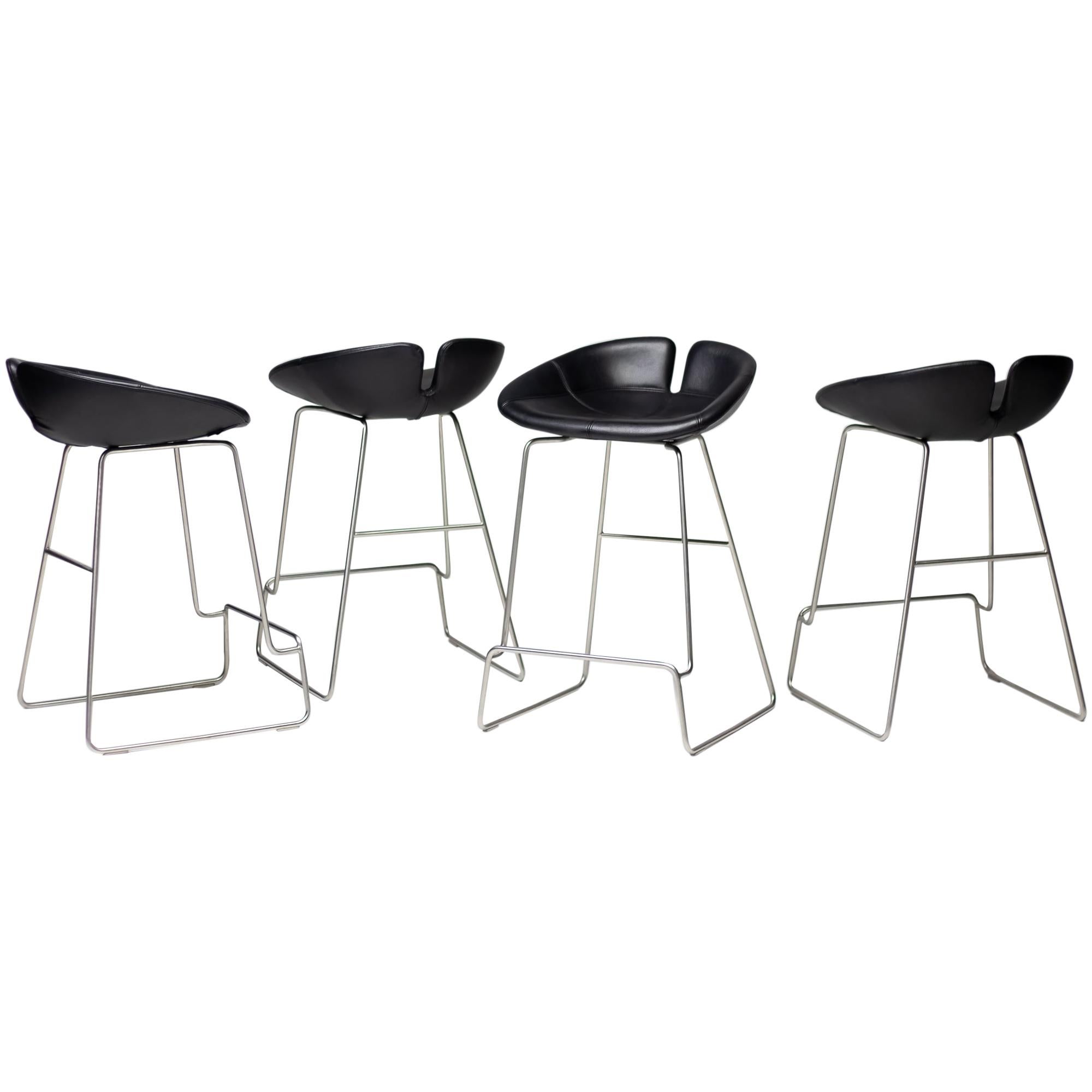 Fjord Black Leather Bar Stools by Patricia Urquiola