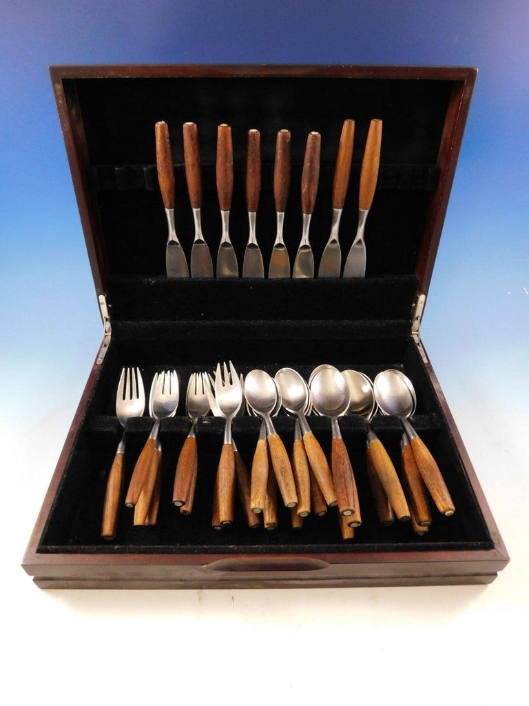 Fjord by Dansk Germany Stainless Steel Teak Flatware Set 8 Service 40 Pcs Modern at 1stDibs