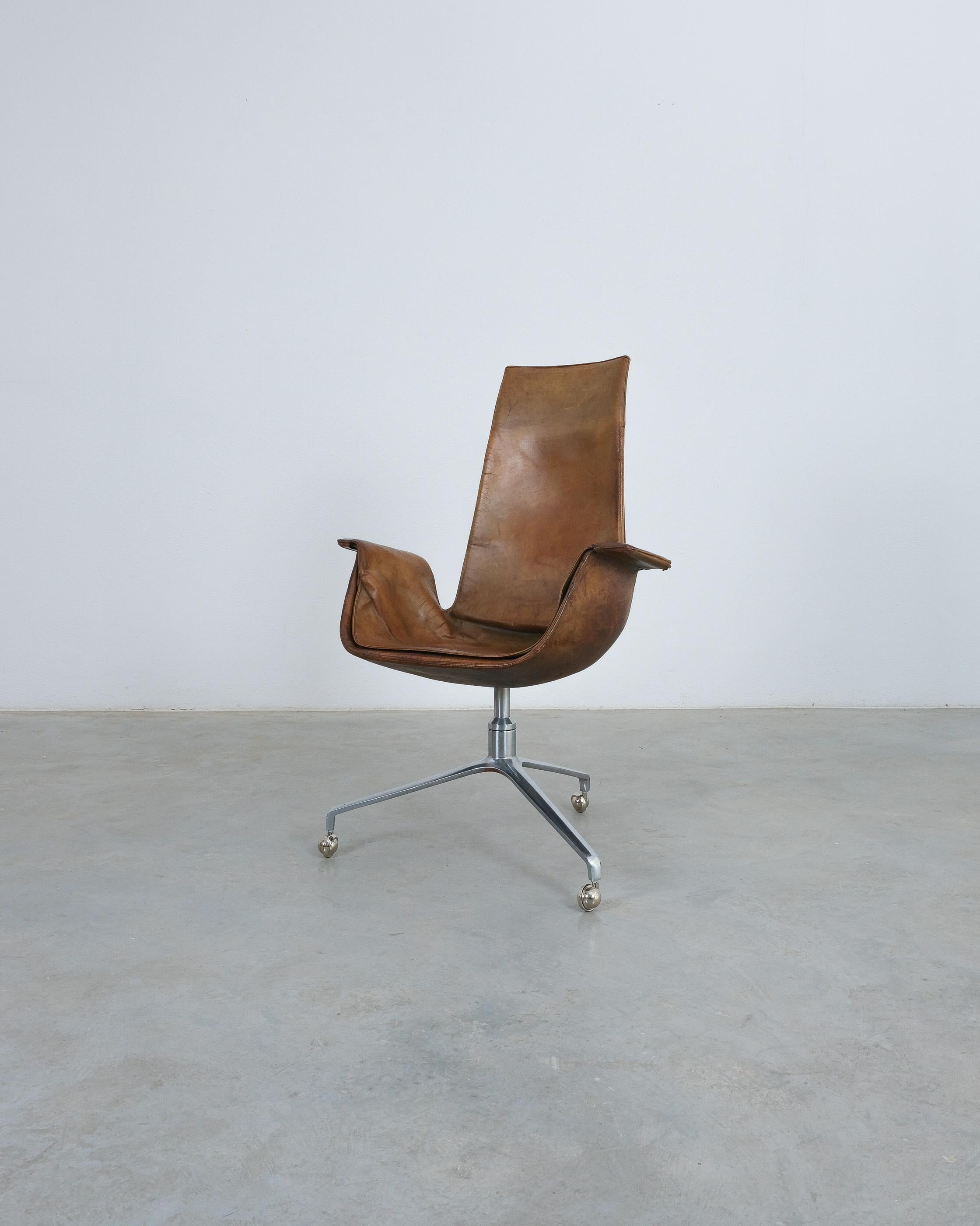 Mid-Century Modern FK 6725 Fabricius and Kastholm Brown Leather High Back Bird Desk Chair, 1964 For Sale