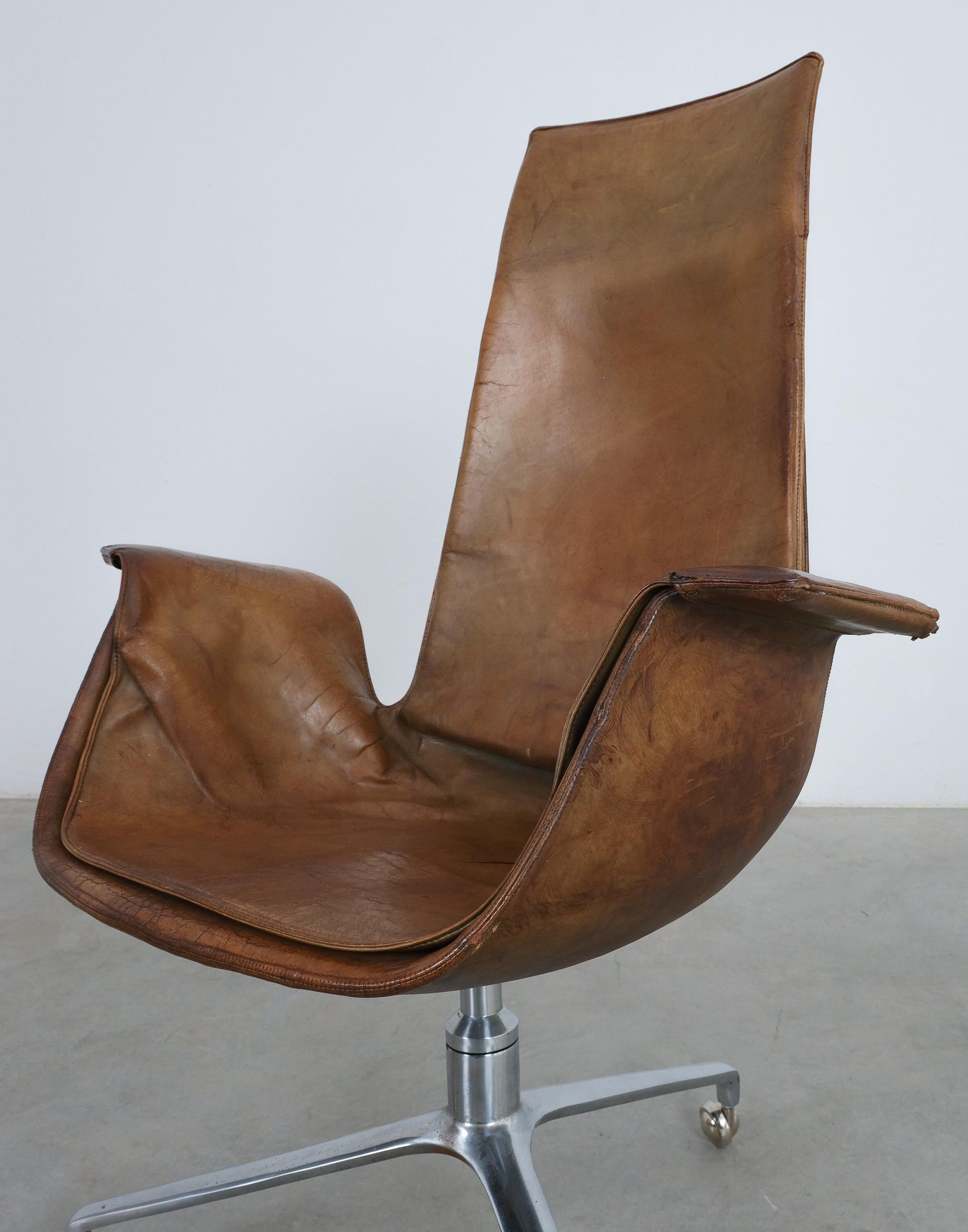 FK 6725 Fabricius and Kastholm Brown Leather High Back Bird Desk Chair, 1964 In Good Condition For Sale In Vienna, AT