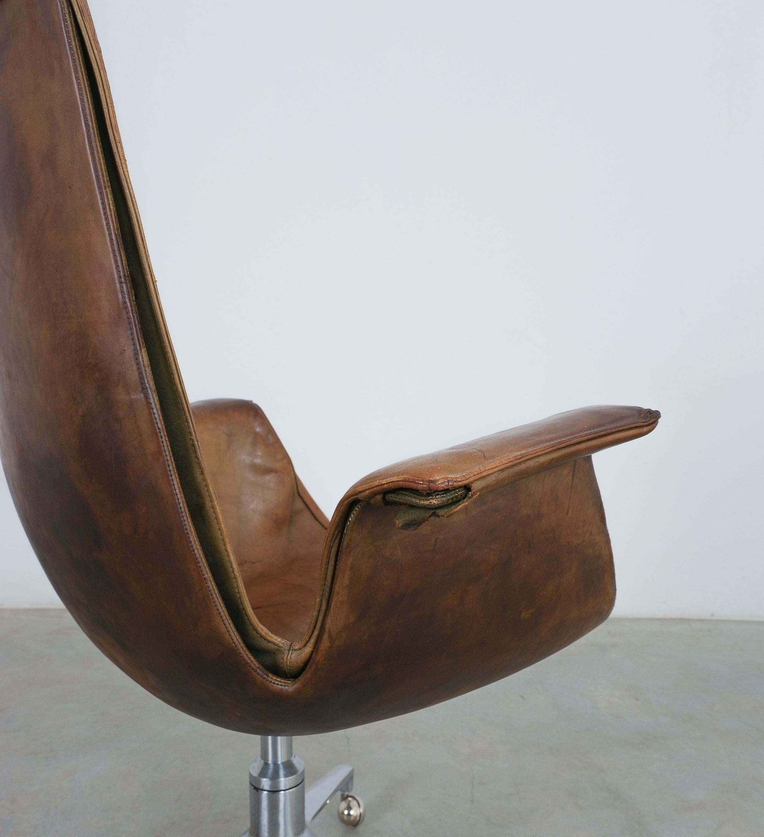 Steel FK 6725 Fabricius and Kastholm Brown Leather High Back Bird Desk Chair, 1964 For Sale
