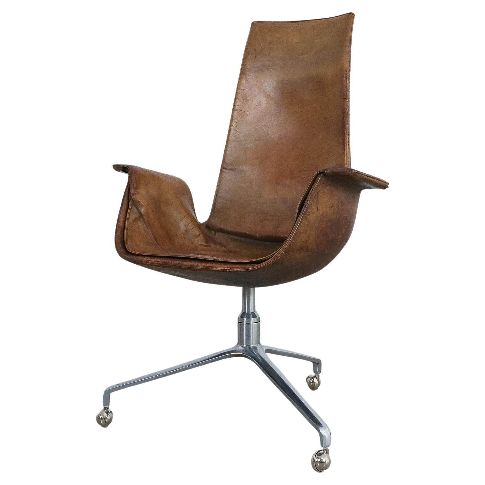 FK 6725 Fabricius and Kastholm Brown Leather High Back Bird Desk Chair, 1964 For Sale