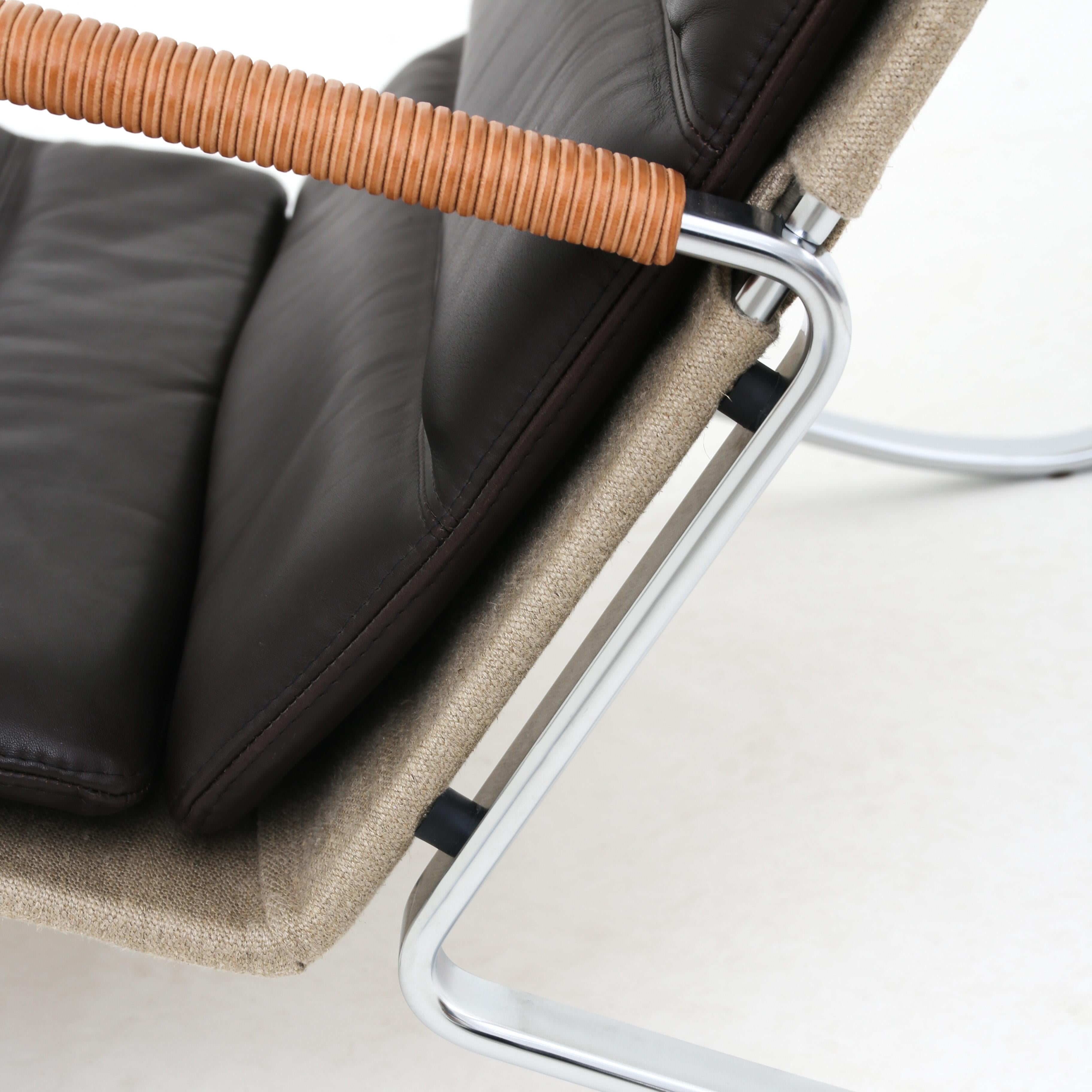 Preben Fabricius & Jørgen Kastholm. FK 87 - 'Grasshopper' easy chair in brown leather, chromed steel, canvas and wrapped natural leather. Maker Lange Production.