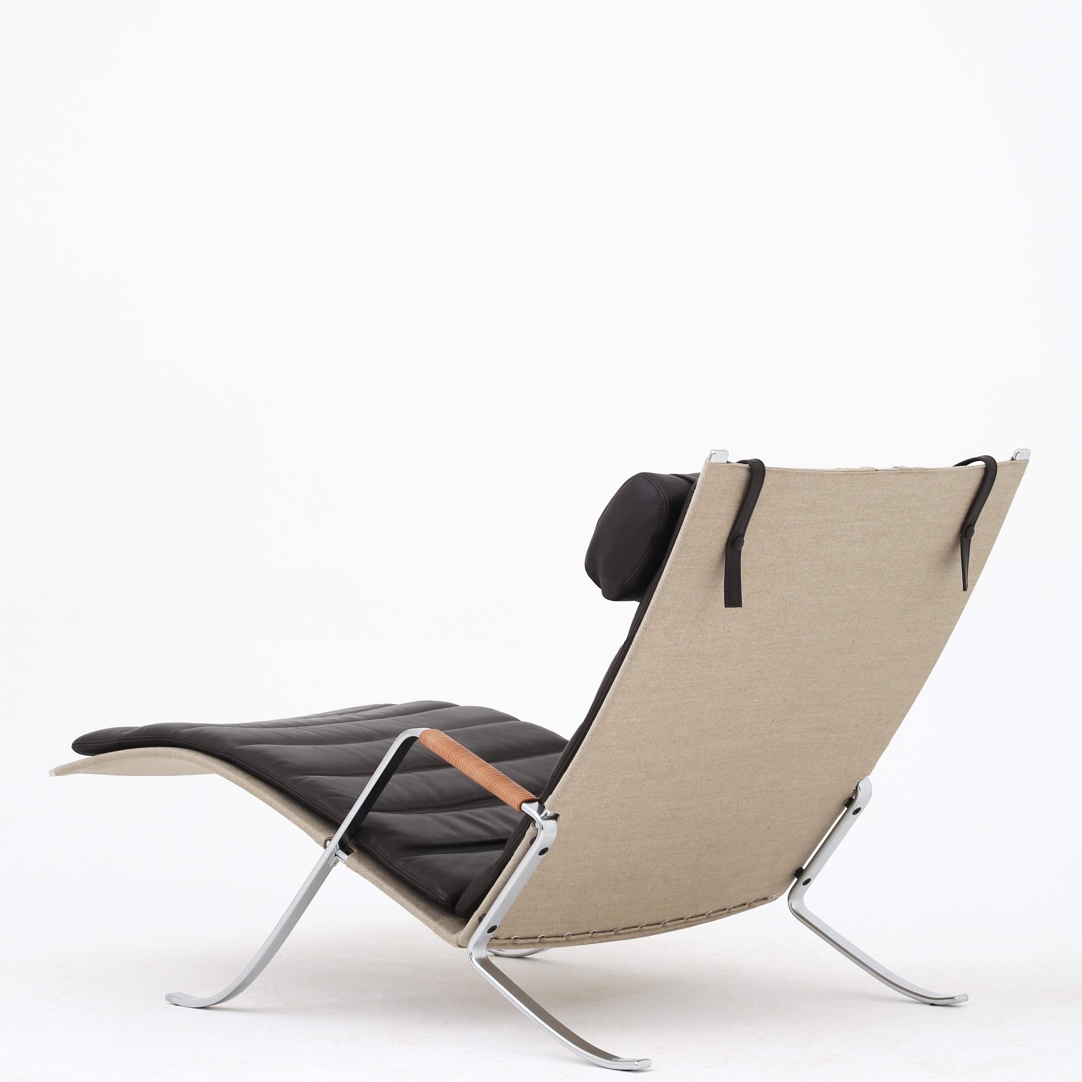 Preben Fabricius & Jørgen Kastholm. FK 87 - 'Grasshopper' easy chair in brown leather, chromed steel, canvas and wrapped natural leather. Maker Lange Production.