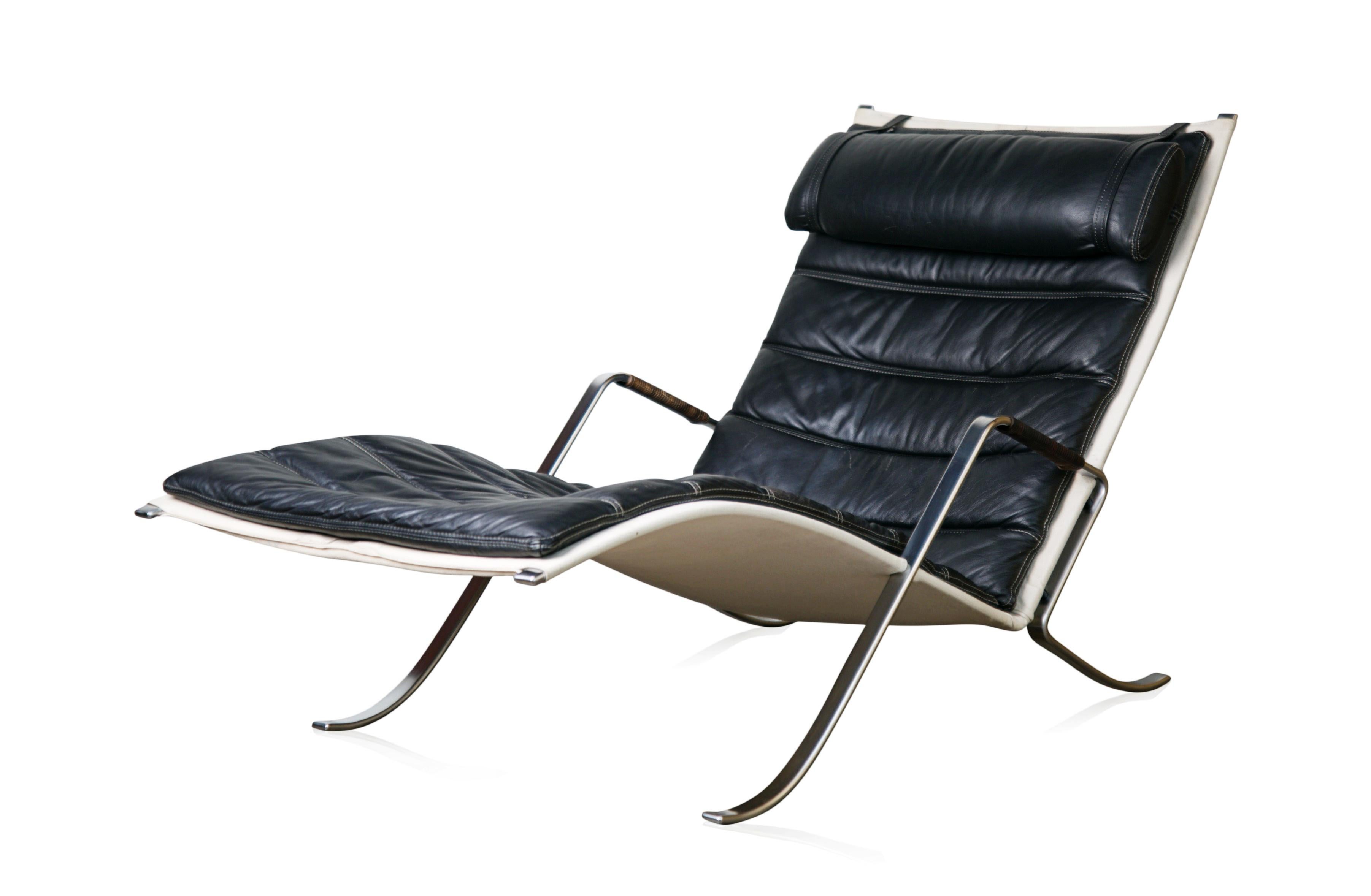 We're well known for our inventory being highly sought after and collected items - and this is one of our absolute all-time favorites. The sleek styling of this FK-87 Grasshopper chaise lounge by Preben Fabricius & Jorgen Kastholm for Alfred Kill