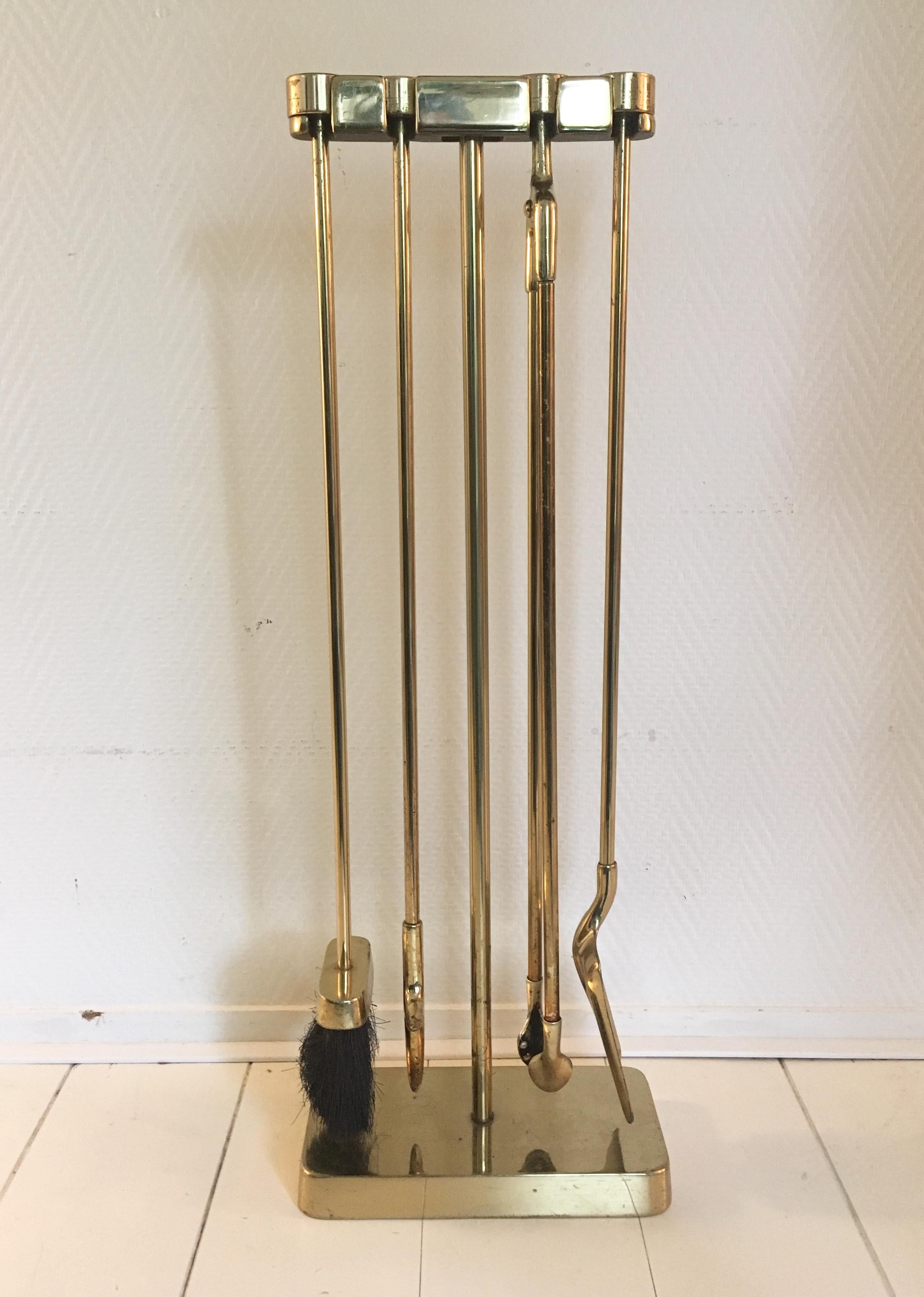 Hollywood Regency FKNR Brass Set of Fire Tools with Stand, 1970s