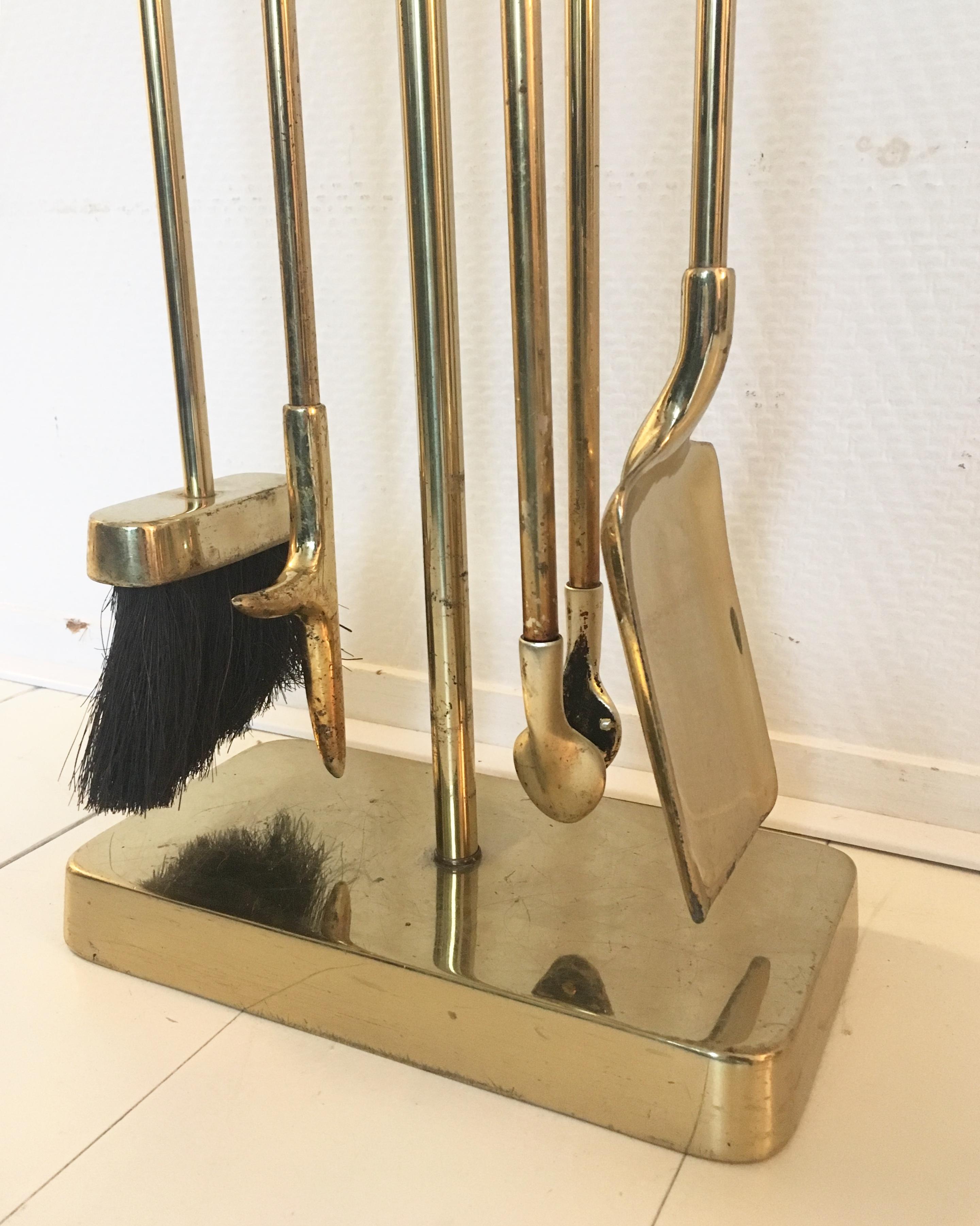 Unknown FKNR Brass Set of Fire Tools with Stand, 1970s