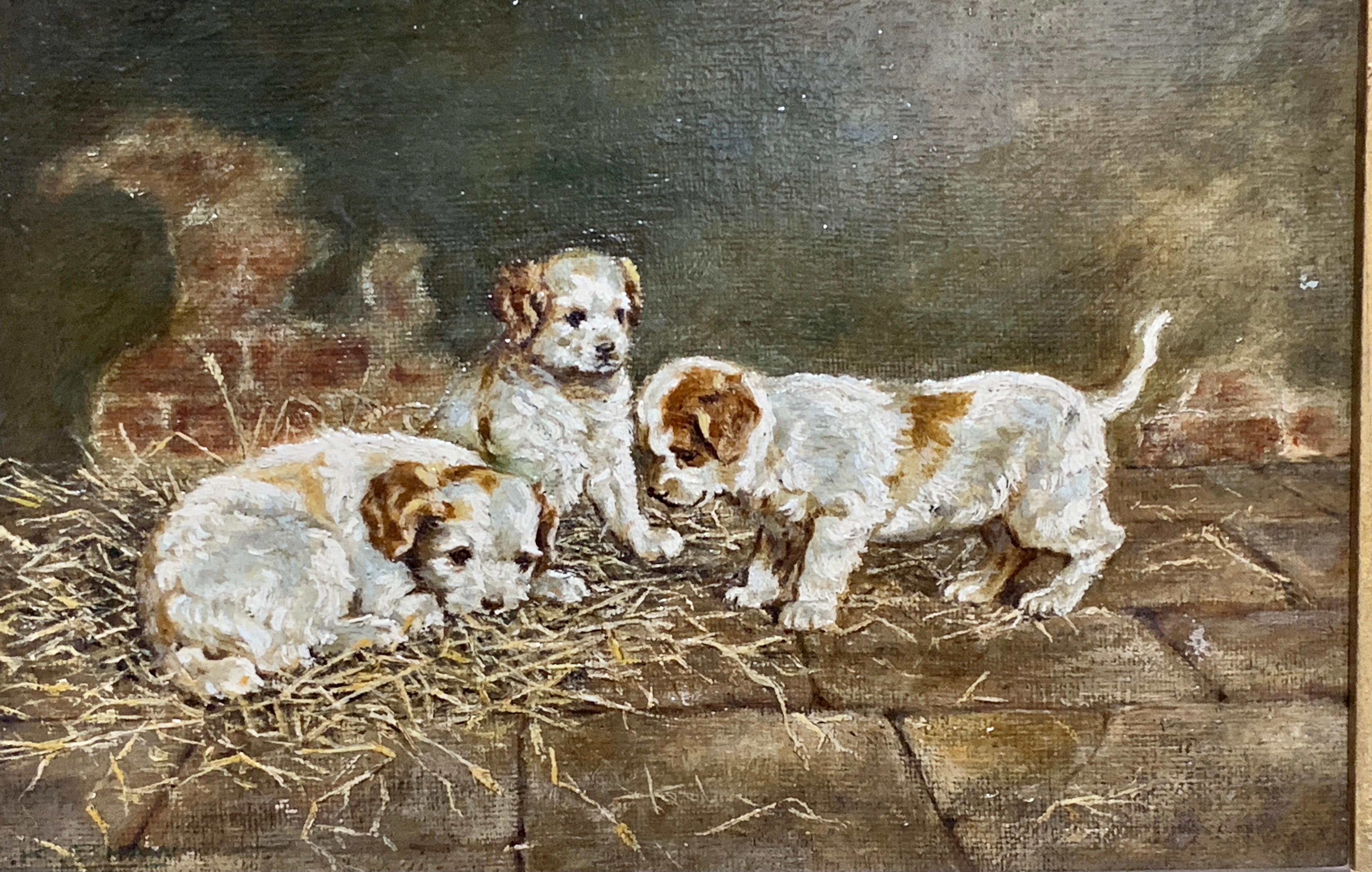 19th century English portrait of 3 Jack Russel puppies playing in an interior - Victorian Painting by F.K.Shaw