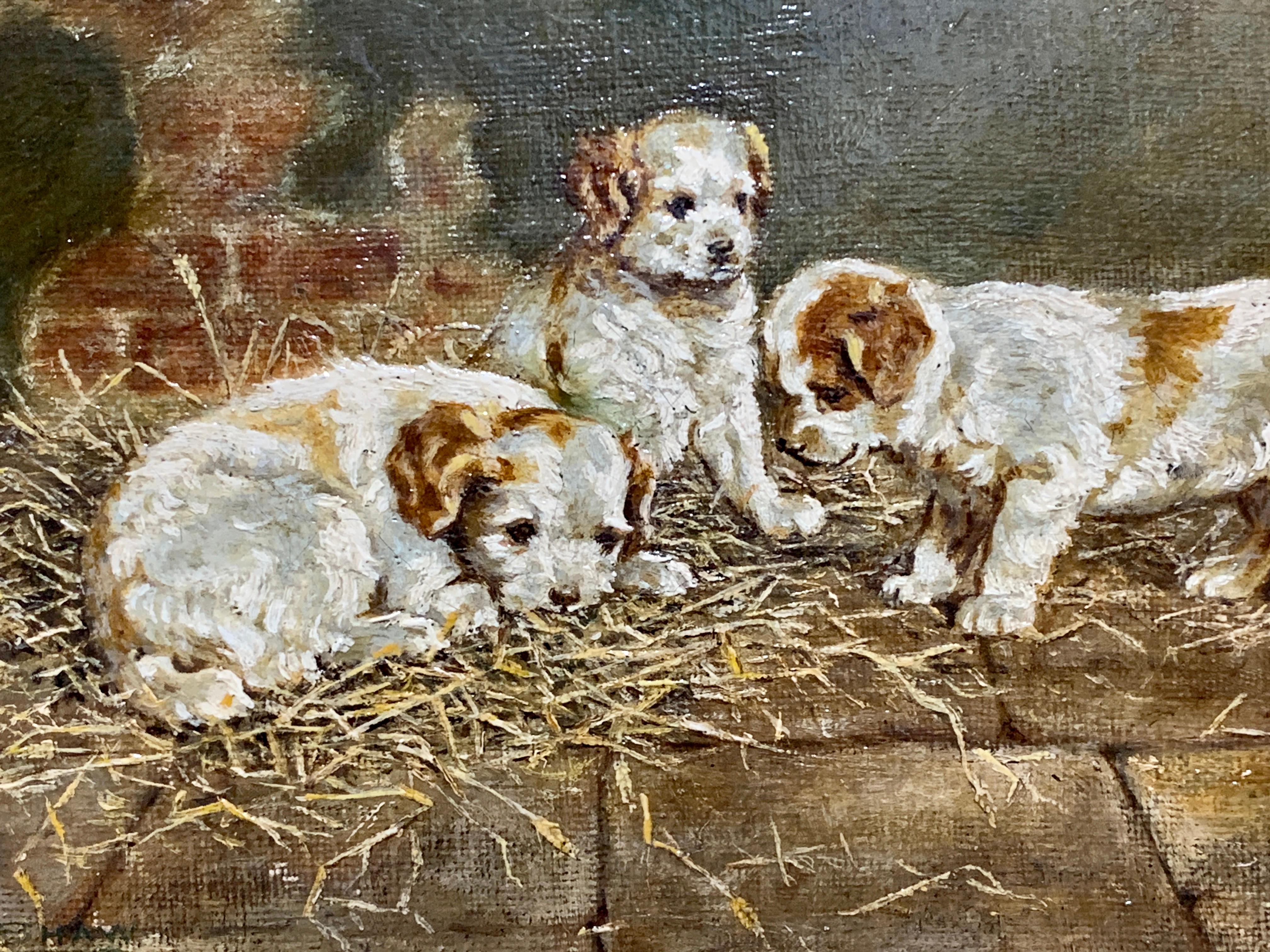 19th century English portrait of 3 Jack Russel puppies playing in an interior - Brown Animal Painting by F.K.Shaw