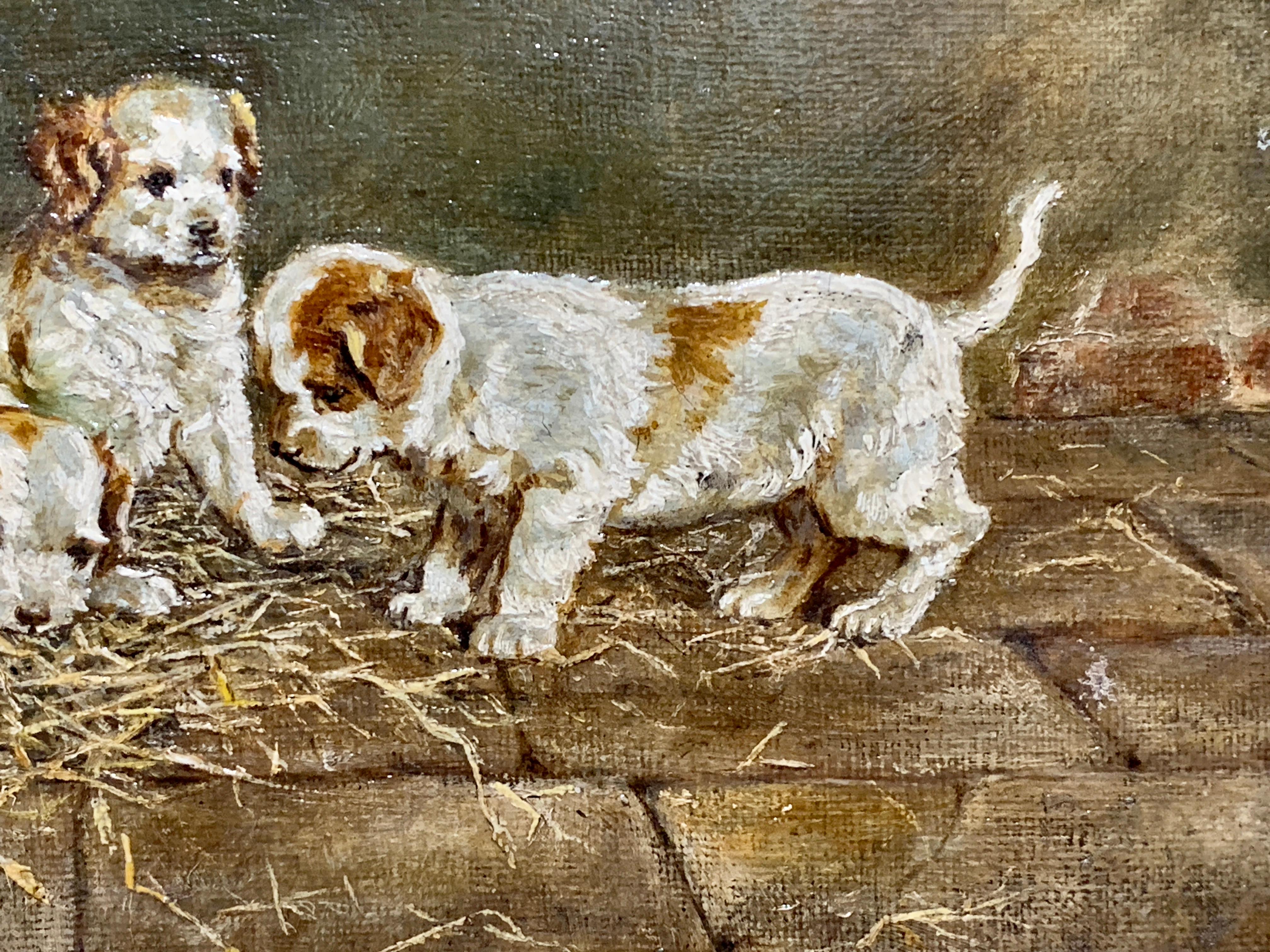 Wonderful late 19th century English oil on canvas of three Jack Russel puppies playing in a barn interior.

Signed and dated 1889 this is typical of the late Victorian animal paintings that were so popular at the end of the 19th century.

The artist