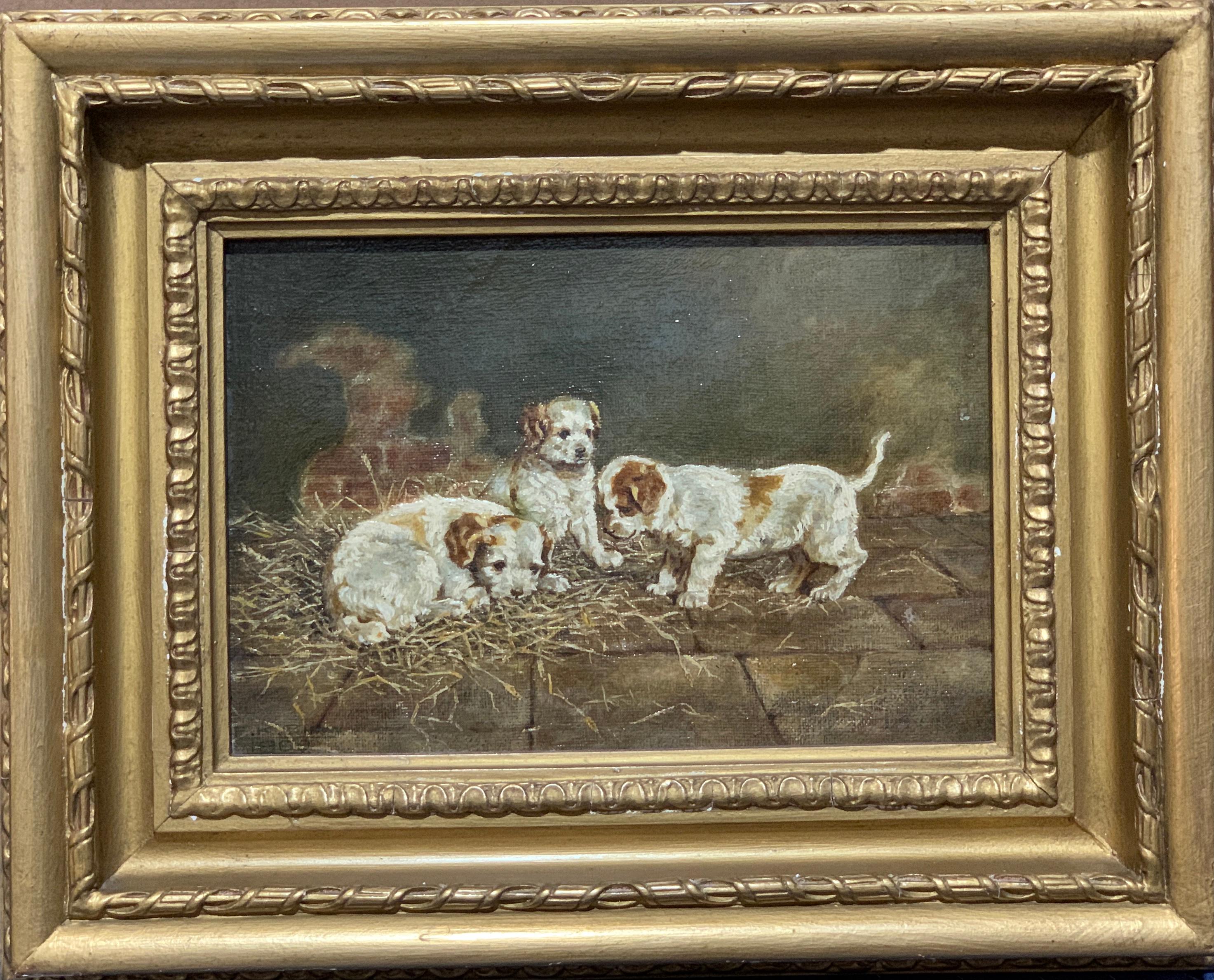 F.K.Shaw Animal Painting - 19th century English portrait of 3 Jack Russel puppies playing in an interior