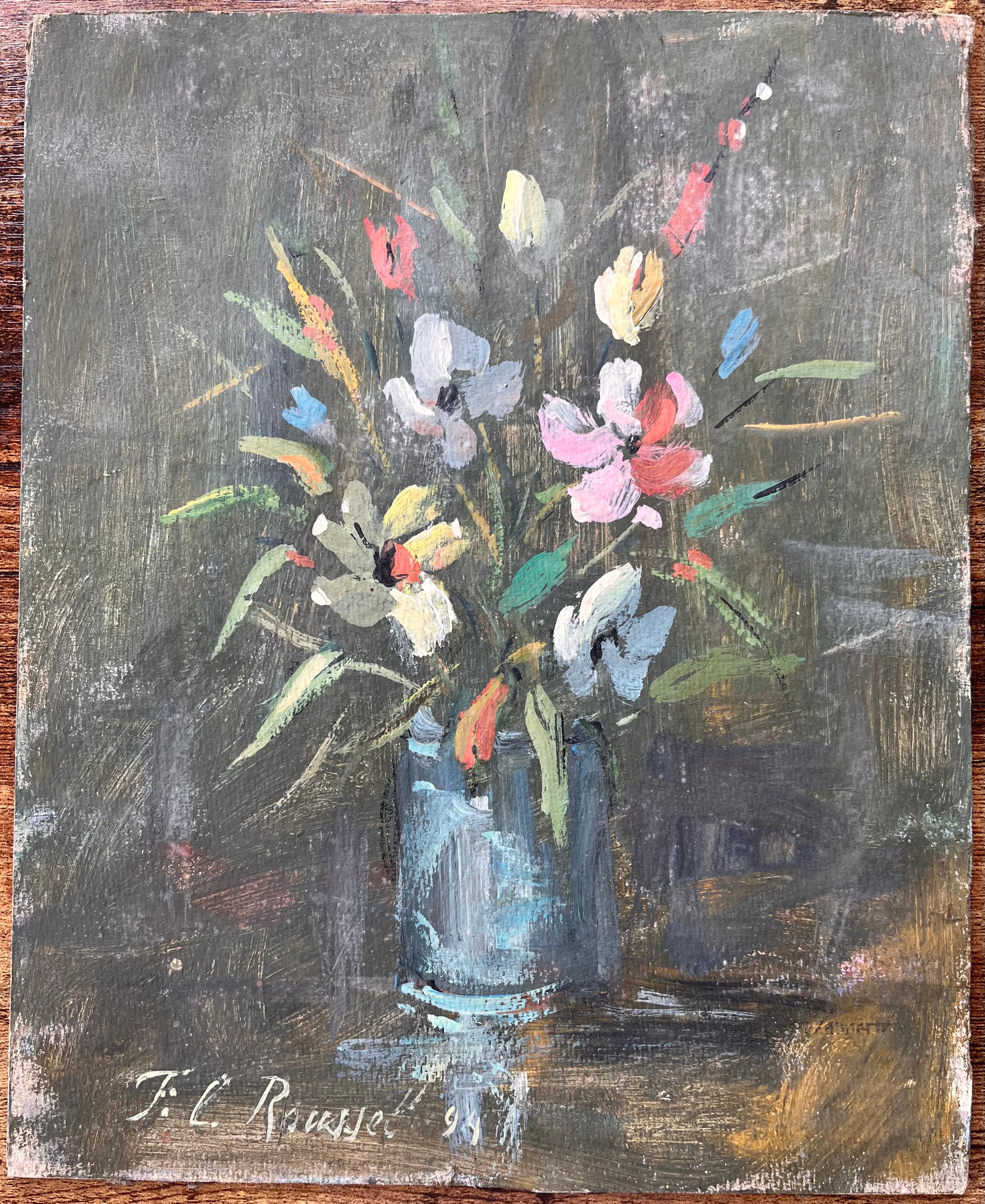 Französisches impressionistisches Stillleben mit Wildblumen in blauem Glasgefäß, Französisch – Painting von F.L. Roussel