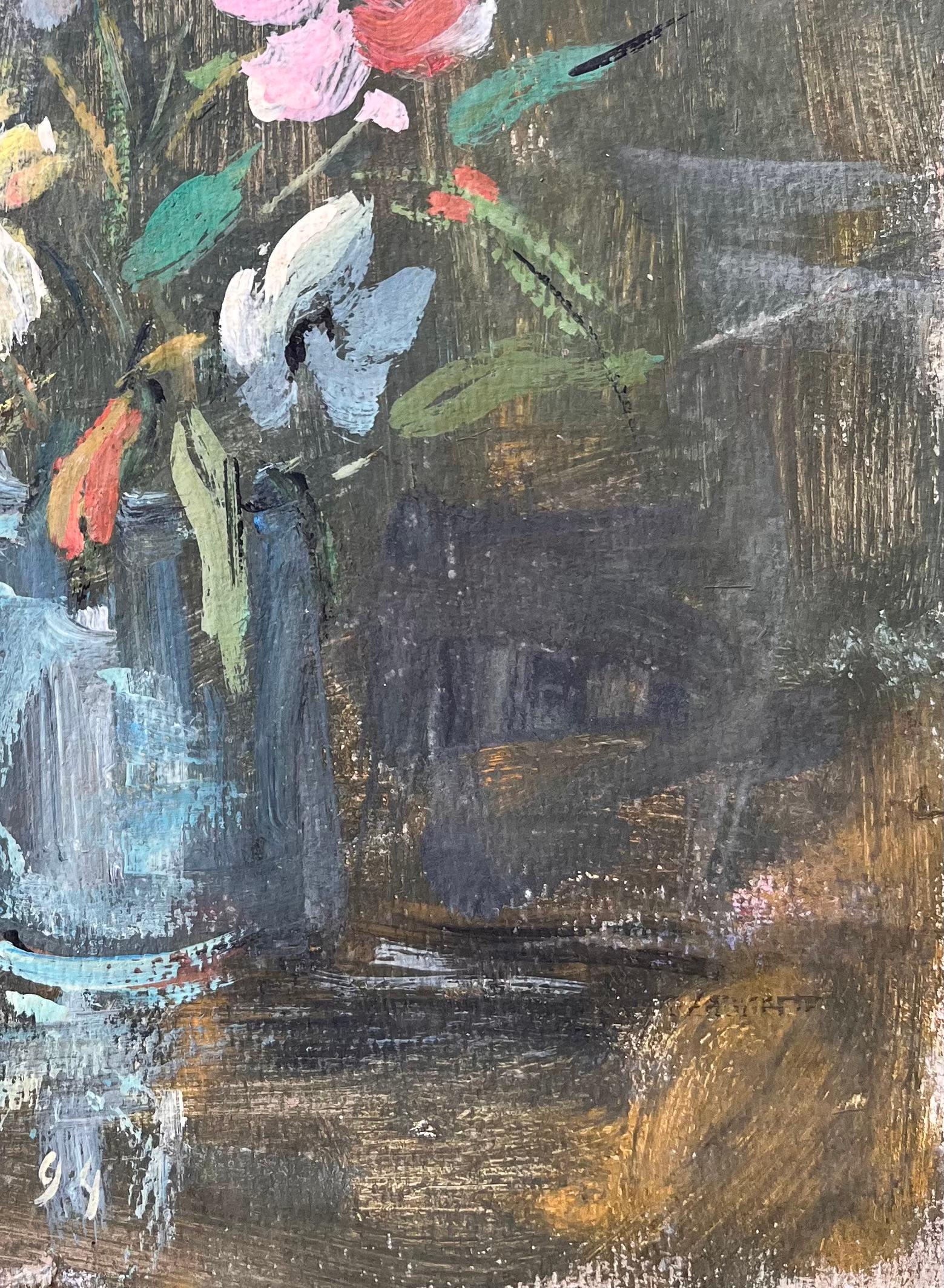 Titel: Französisches Impressionistenstillleben mit Wildblumen in blauem Glasgefäß
Von F.L. Roussel
Unterschrieben: Ja
Größe: 10,5 x 8,5 Zoll (Höhe x Breite)
Ölgemälde auf Karton, ungerahmt
Zustand: Das Gemälde ist in gutem Zustand mit