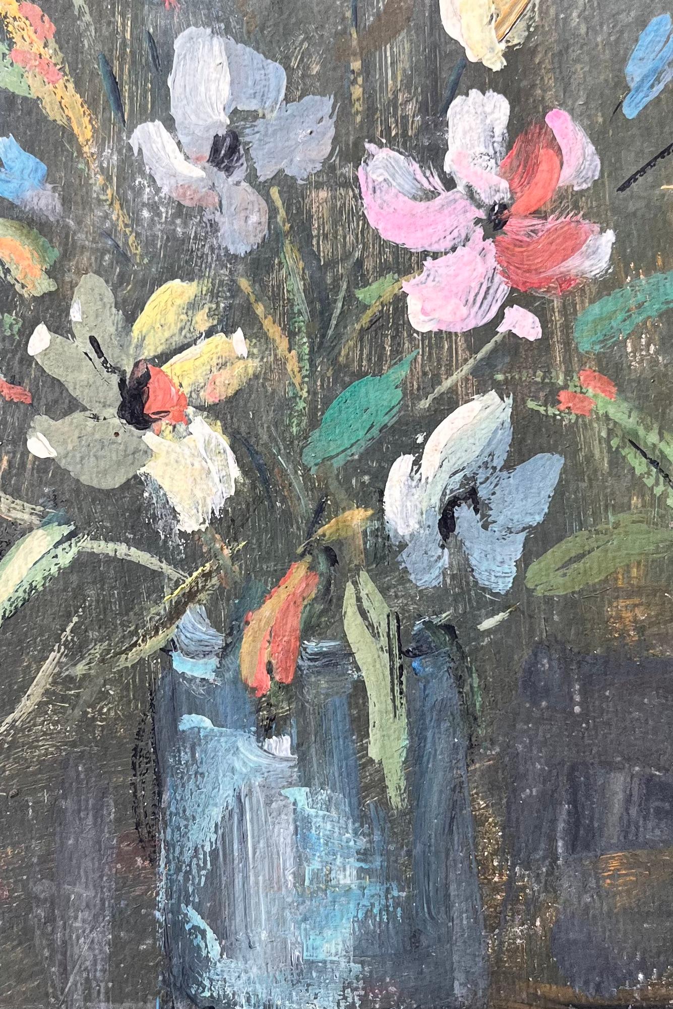 Französisches impressionistisches Stillleben mit Wildblumen in blauem Glasgefäß, Französisch im Angebot 2