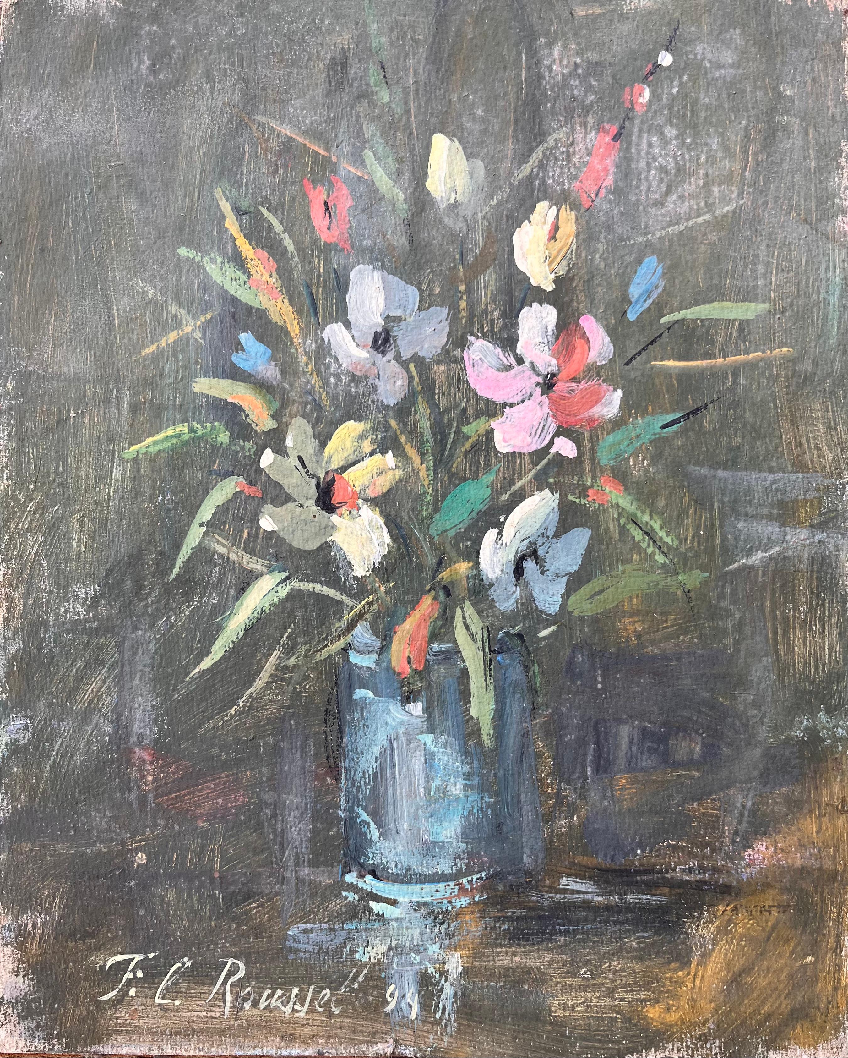 Französisches impressionistisches Stillleben mit Wildblumen in blauem Glasgefäß, Französisch