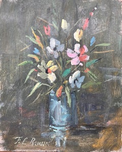 French Impressionist Still Life of Wildflowers in Blue Glass Jar