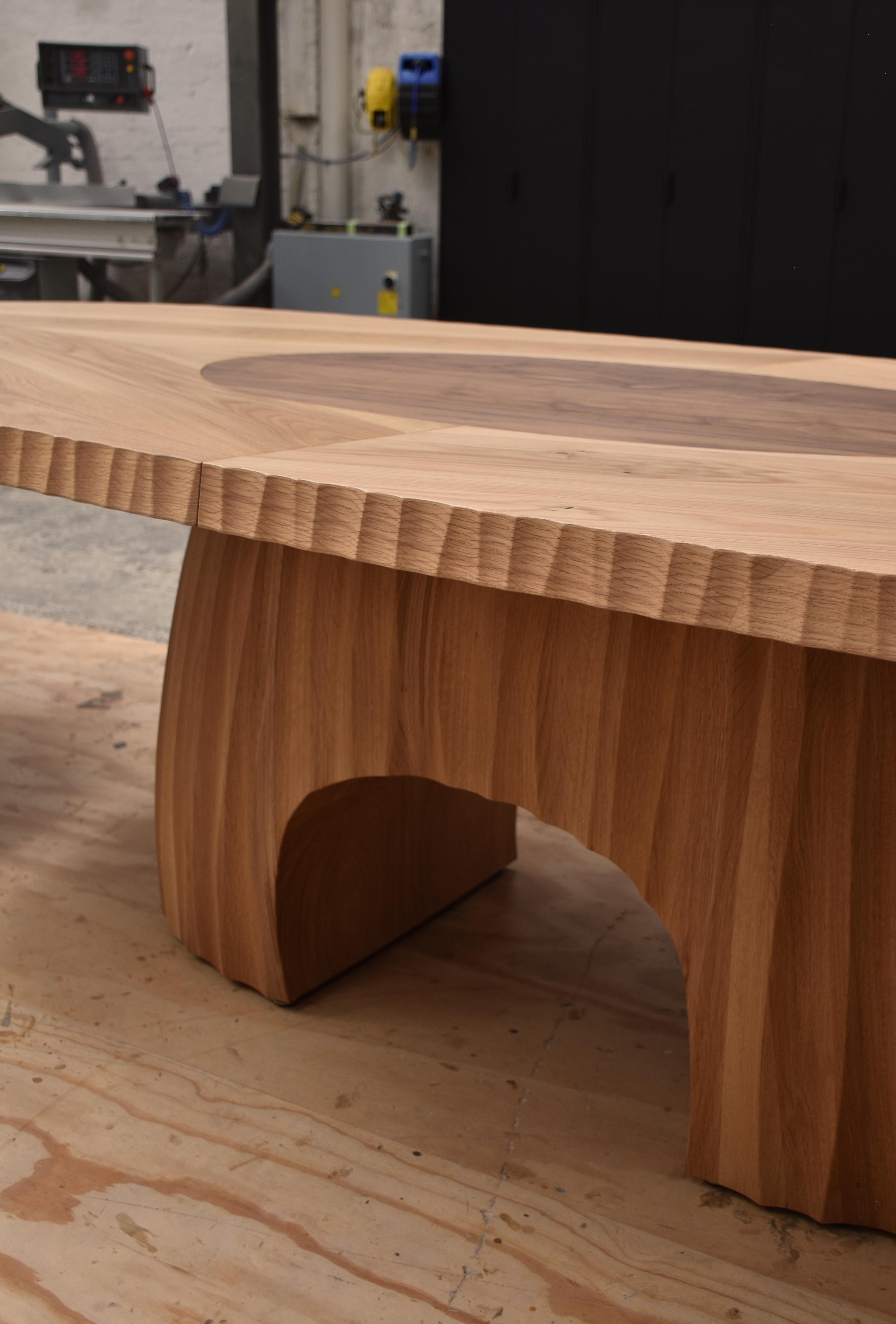 Flack Oval Dining Table by Daniel Poole
Dimensions: D 120 x W 300 x H 74 cm. 
Materials: American white oak and American black walnut.

A bespoke commission designed and developed for Flack Studio’s Happy Haus. Custom sizes and variations are
