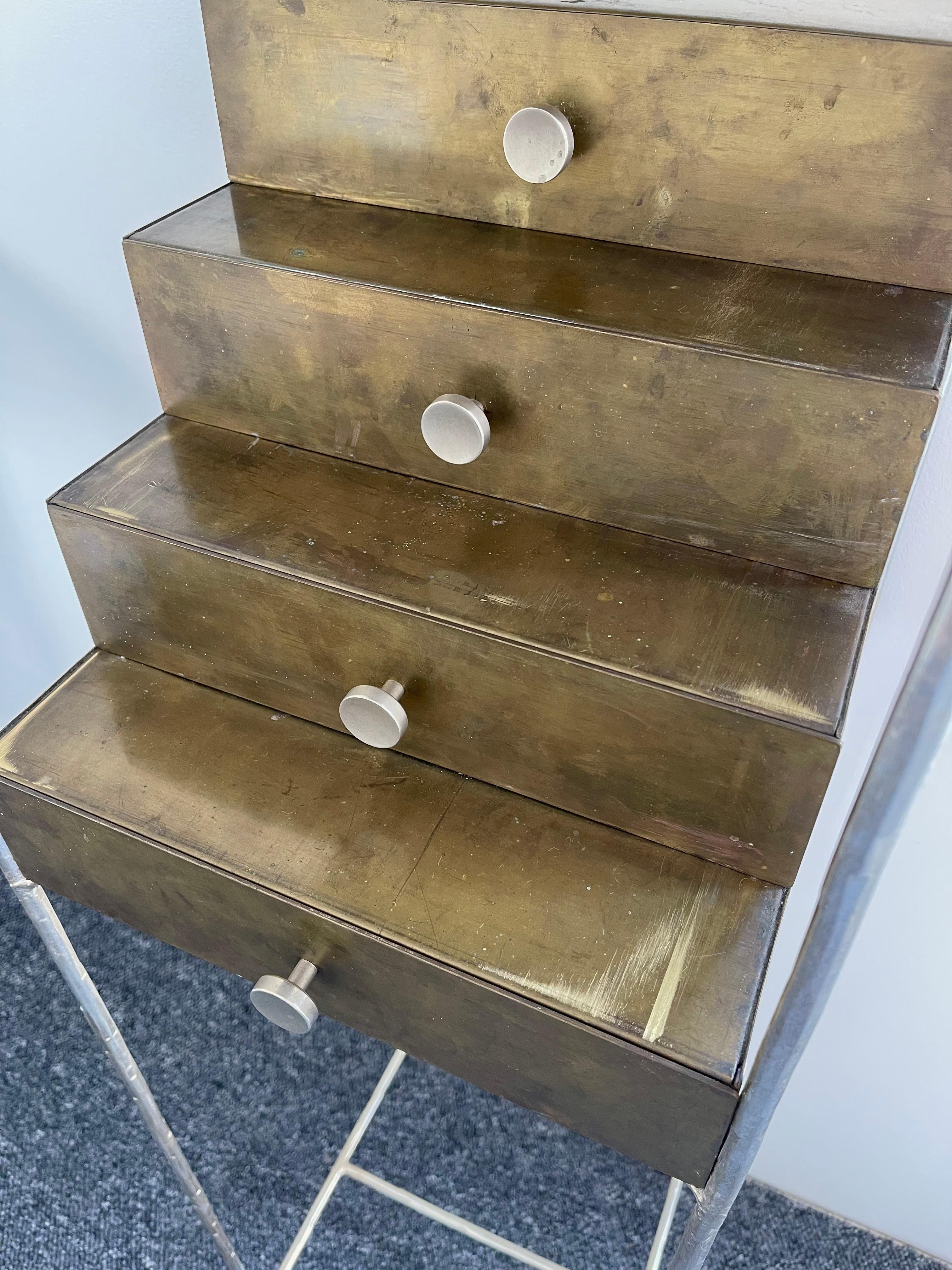 Rare, The flag cabinet high chest, brass drawers, silver cast brass sculpted feet, design by the italian artist designer Ugo La Pietra in a collaboration with the manufacture Banci Firenze for the exhibition 