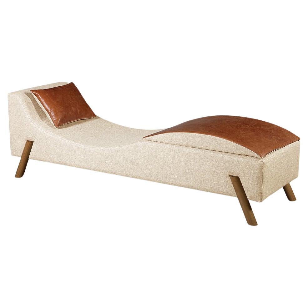 "Flag" Chaise Long in Upholstered in Linen Fabric and Natural Leather Details For Sale