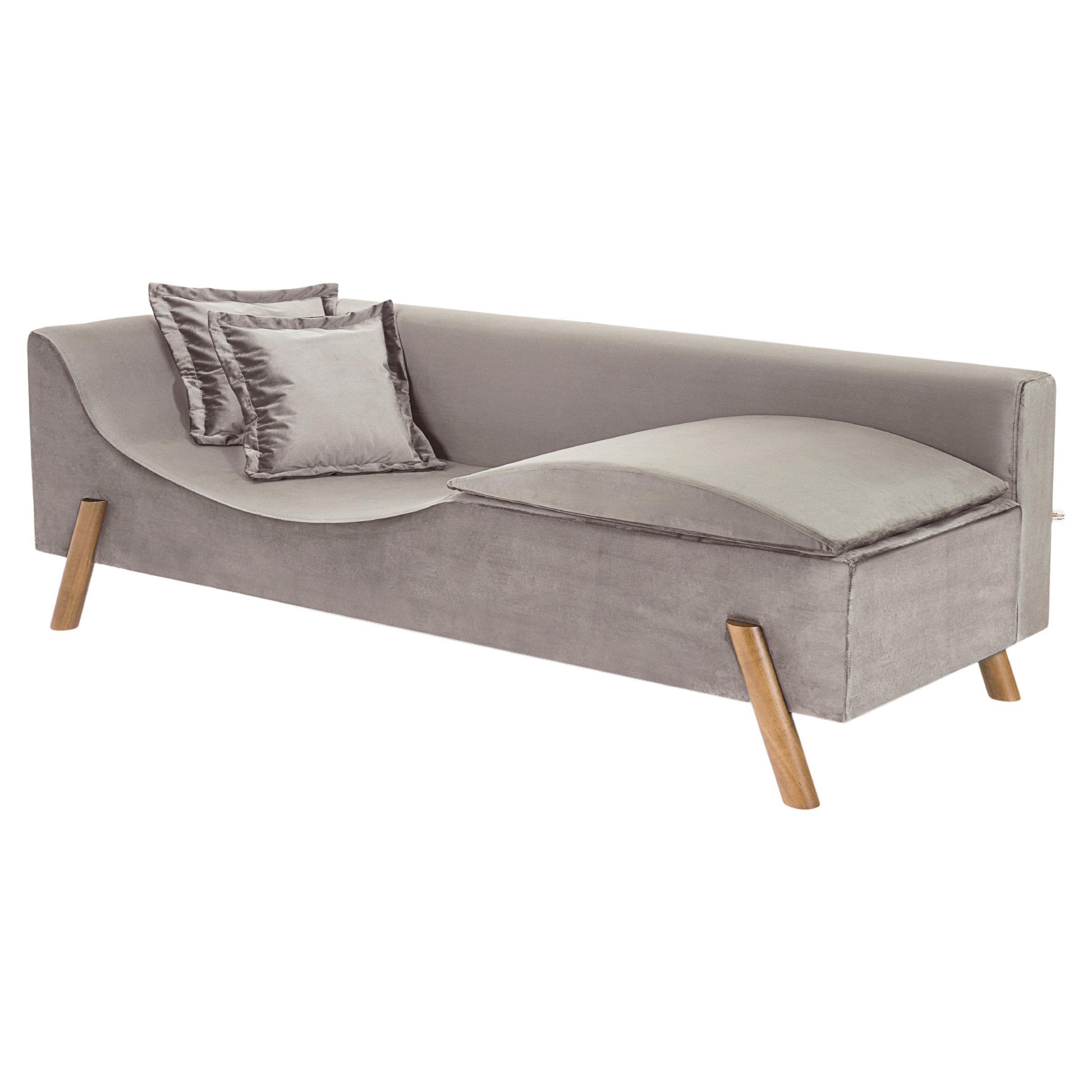 "Flag" Couch and Chaise Longue in Grey Velvet and Wood Feet in Small Size For Sale