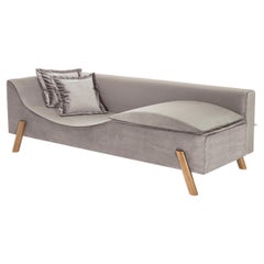 "Flag" Couch and Chaise Longue in Grey Velvet and Wood Feet in Small Size