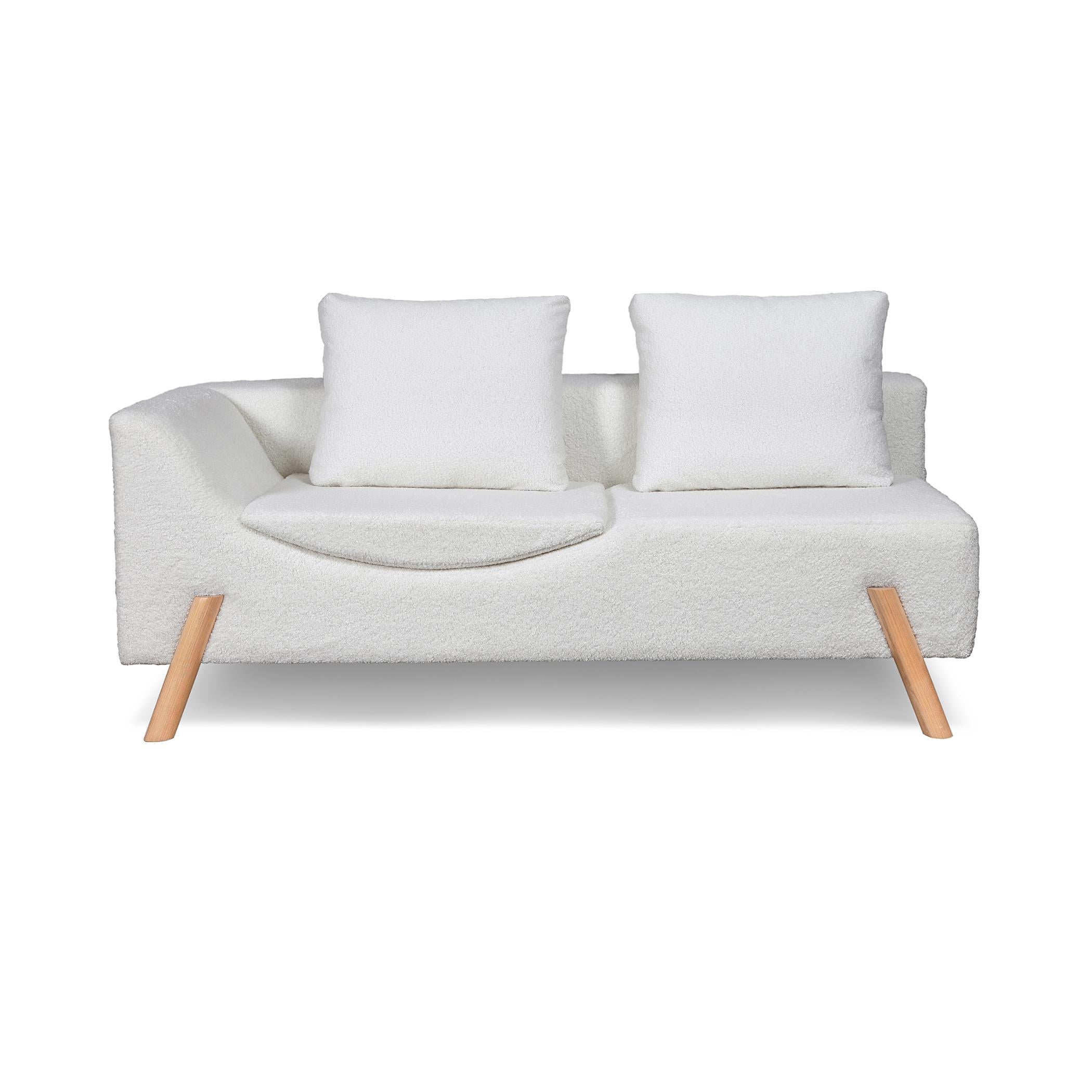 The Flag Couch is a smart and multifunctional piece.
The couch has a cushion built into the seat that makes the piece with dual functionality: when is closed, it works as a comfortable living sofa to seat, and when is opened it becomes a chaise