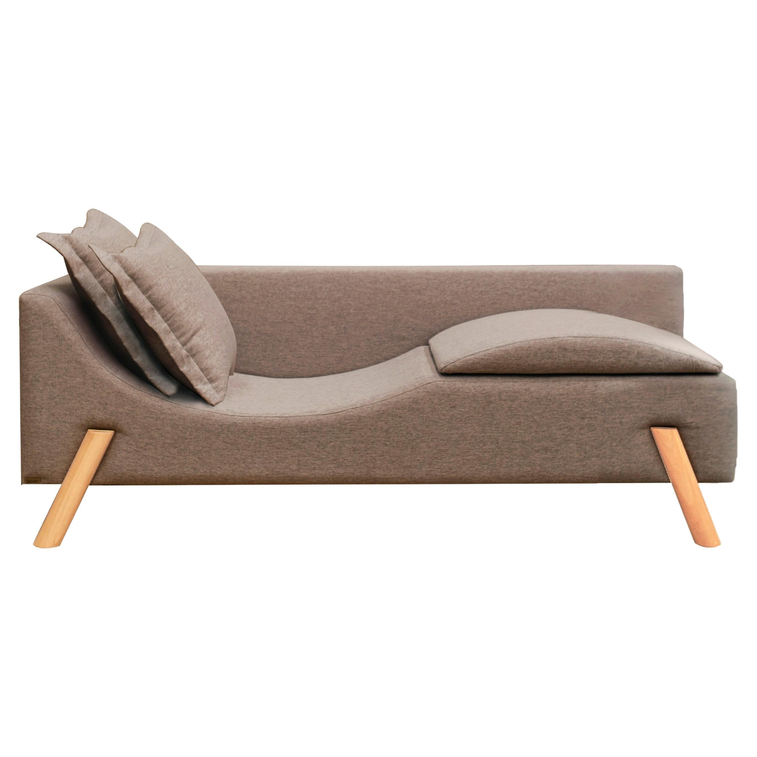 "Flag" Couch Chaise Longue in Dark Brown Linen and Wood Feet, Small Size For Sale