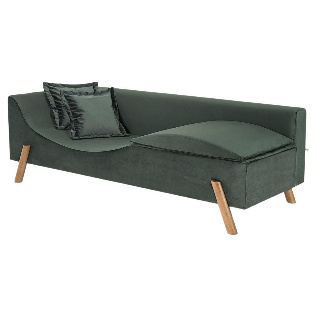 "Flag" Couch and Chaise Longue in Green Velvet and Wood Feet Small Size For Sale