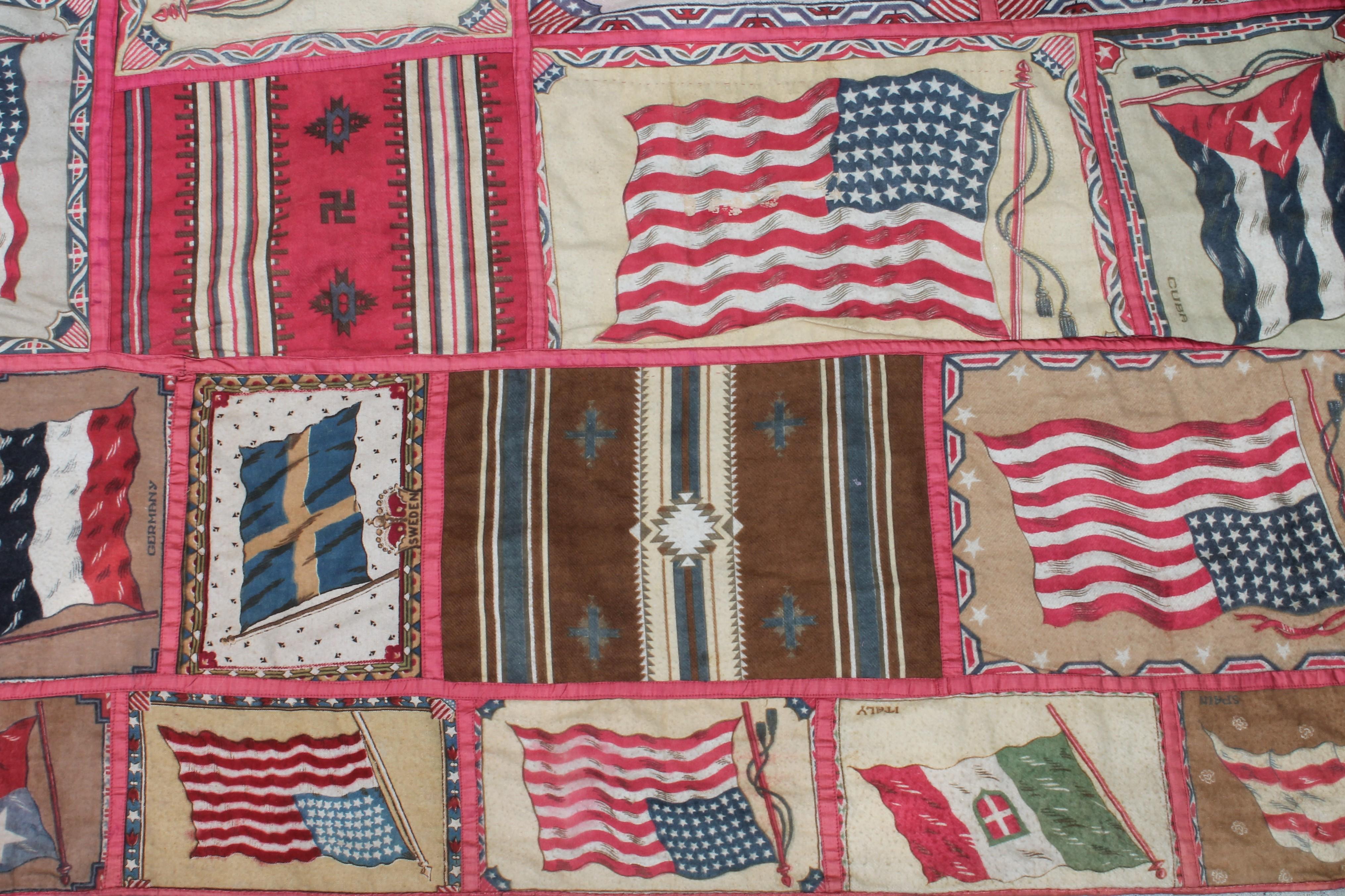 Early 20th Century Flag Flannel Quilt with Sateen Backing