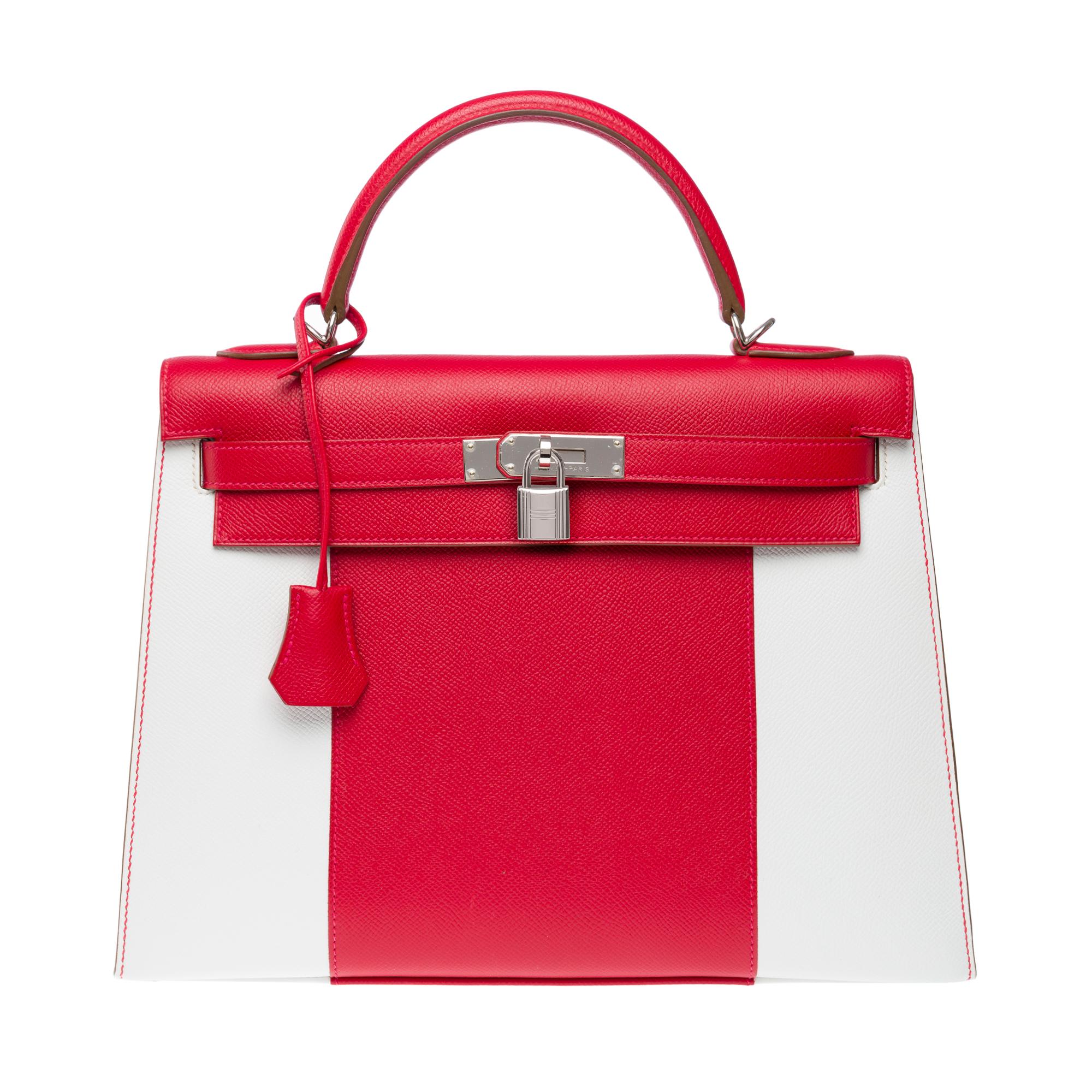Red Flag limited edition Hermès Kelly 32  handbag strap in red and white epsom, PHW