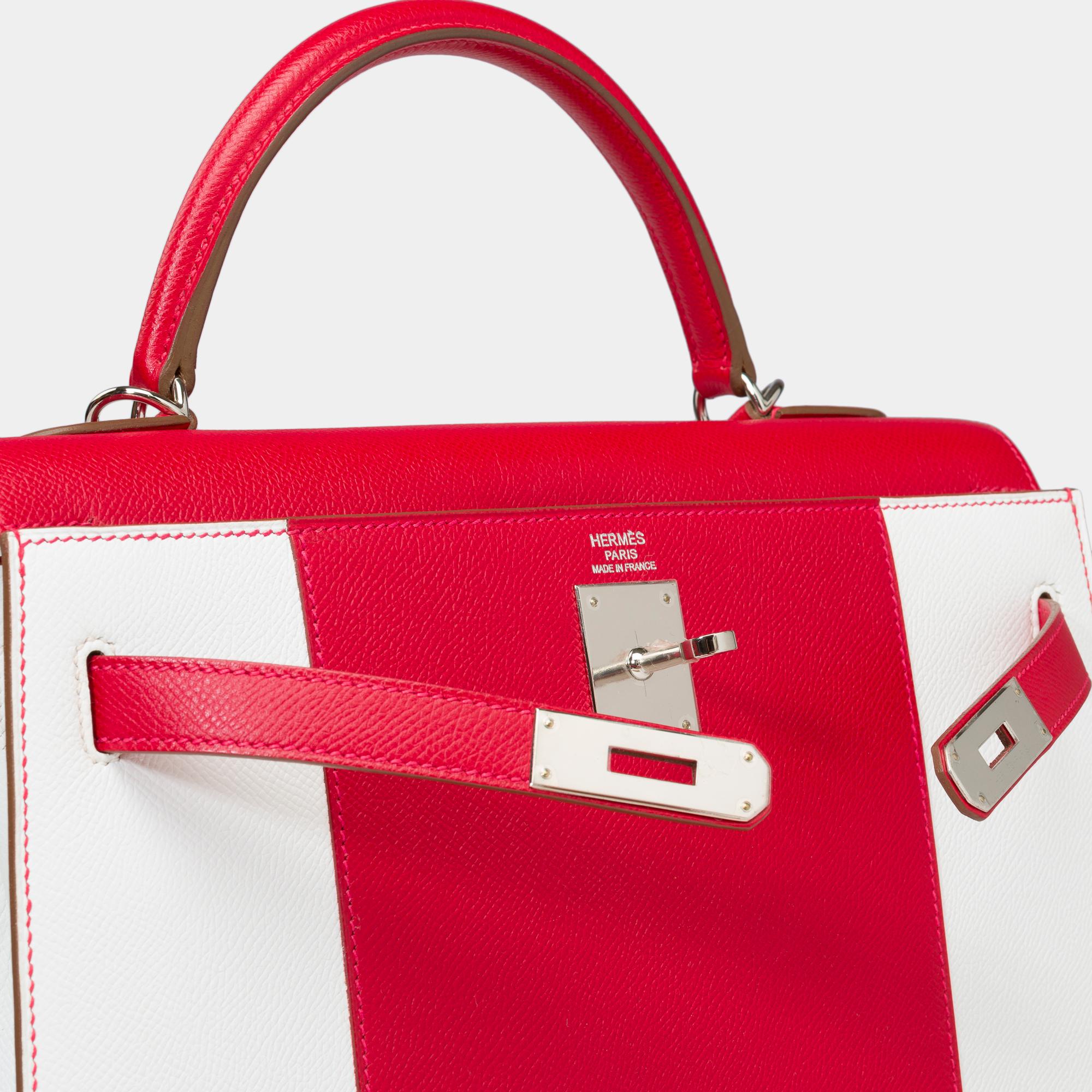 Flag limited edition Hermès Kelly 32  handbag strap in red and white epsom, PHW 2