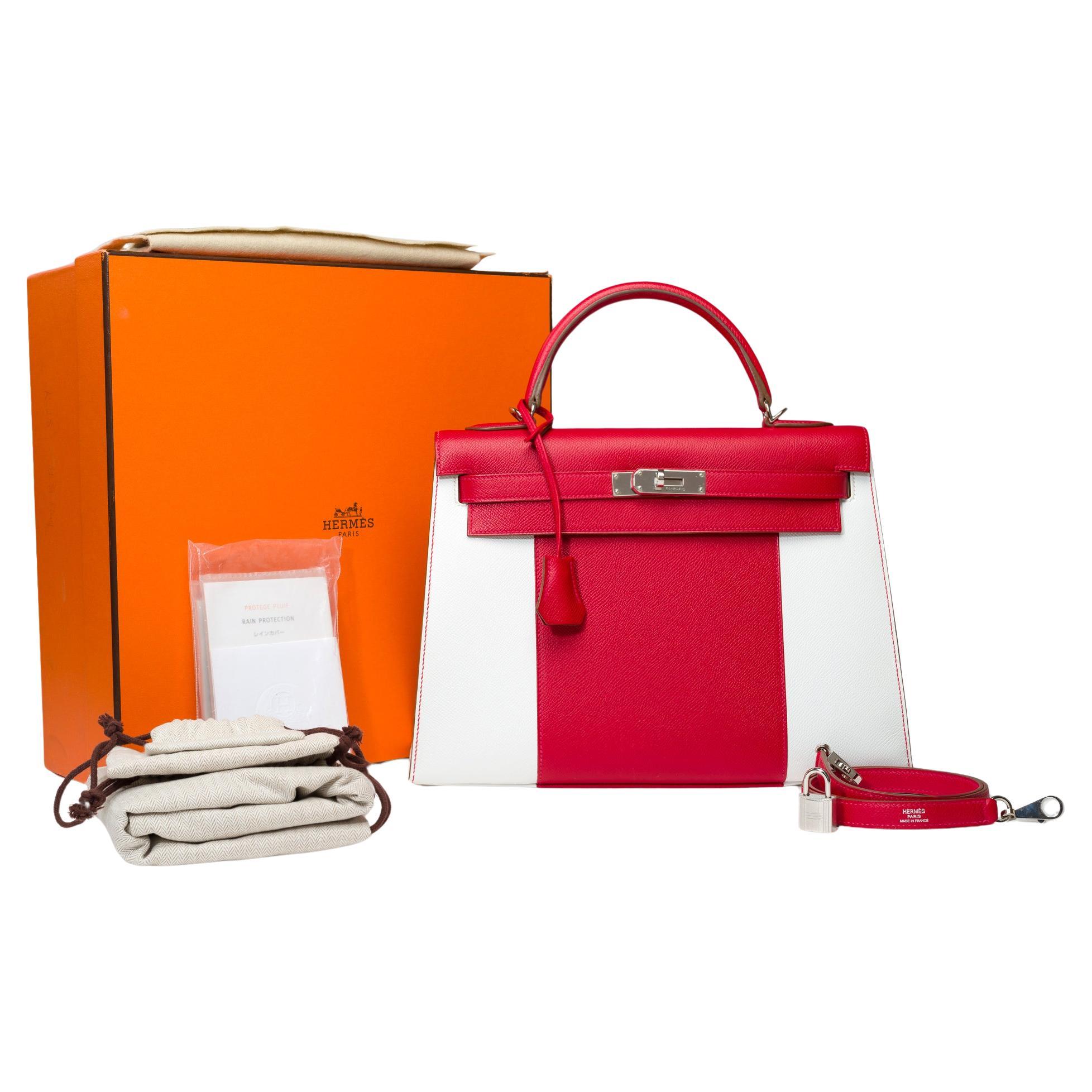 Flag limited edition Hermès Kelly 32 handbag strap in red and white epsom,  PHW For Sale at 1stDibs