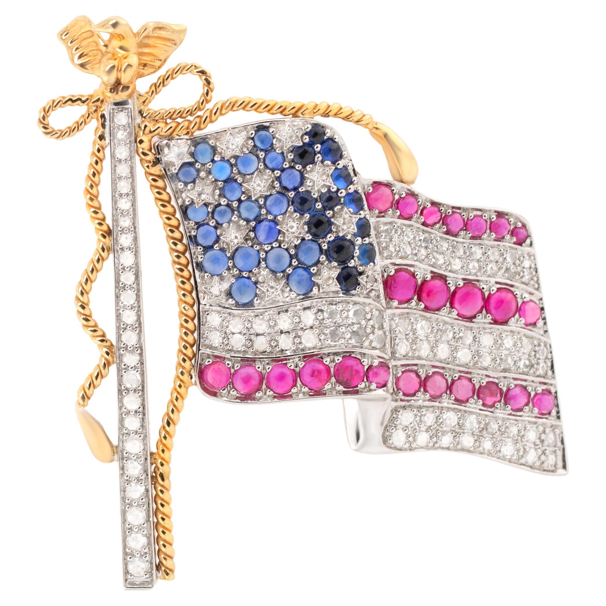 Flag of the United States Brooch Rubies Sapphires Diamonds 14K Gold For Sale