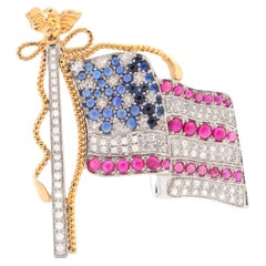 Flagge der Vereinigten Staaten Brosche Rubine Saphire Diamanten 14K Gold