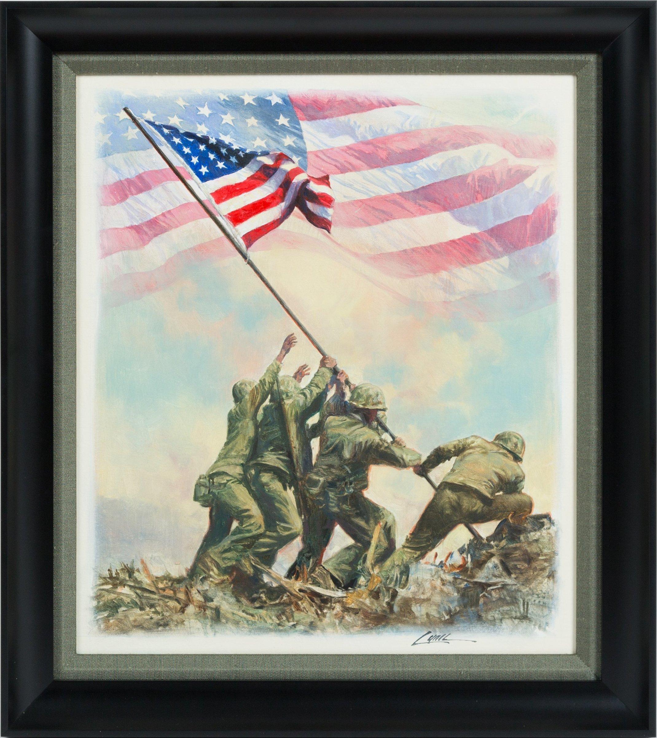 This original oil painting on canvas, entitled Flag Raised at Iwo Jima was painted by Dennis Lyall. The work originally appeared in the Fleetwood Commemorative Cover for Old Glory’s Proudest Moments stamps series published February 23, 2002. Lyall