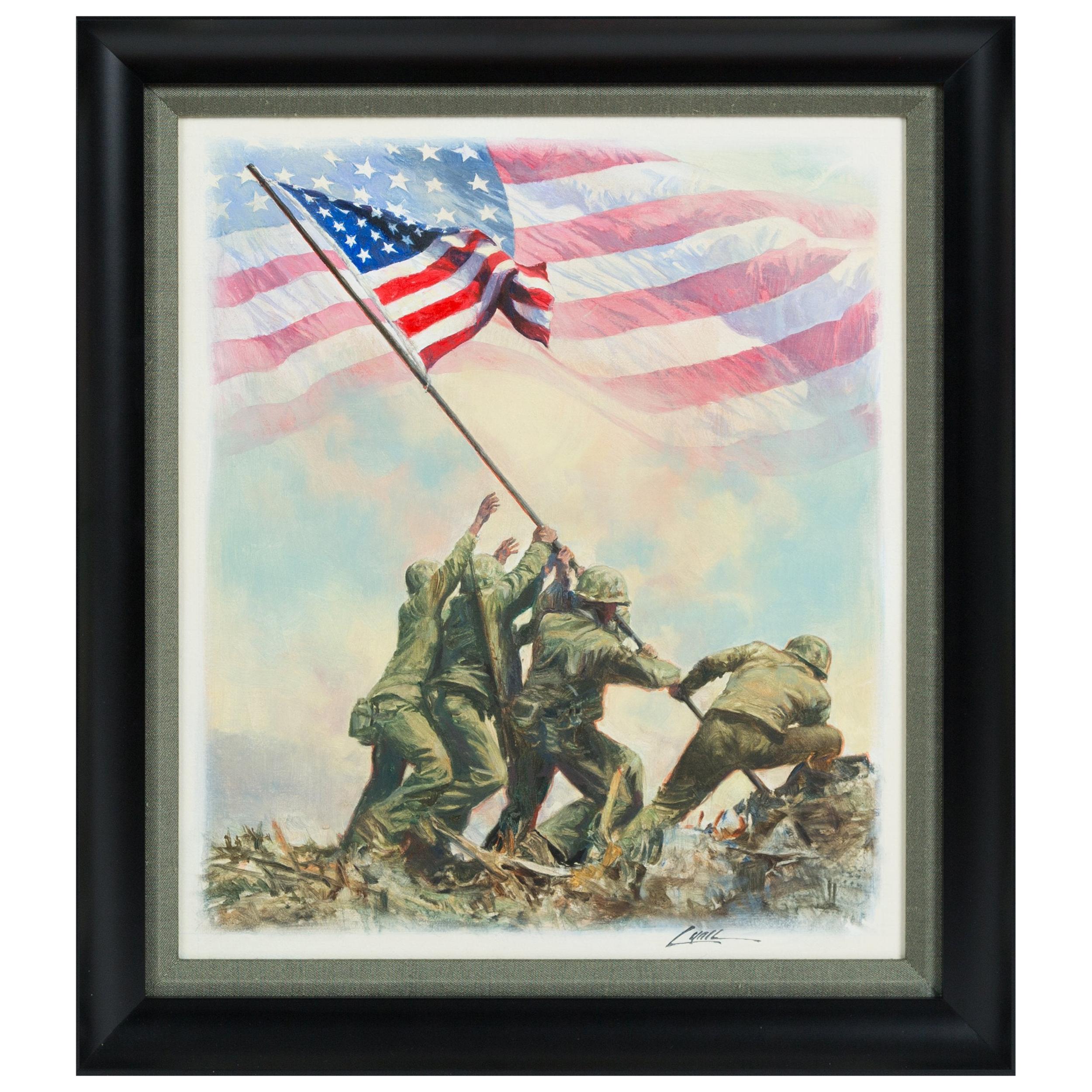 "Flag Raised at Iwo Jima" by Dennis Lyall, Original Oil Painting on Canvas Board