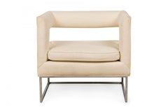 Fauteuil de salon américain du milieu du siècle, tissu beige, piètement chromé, années 1950